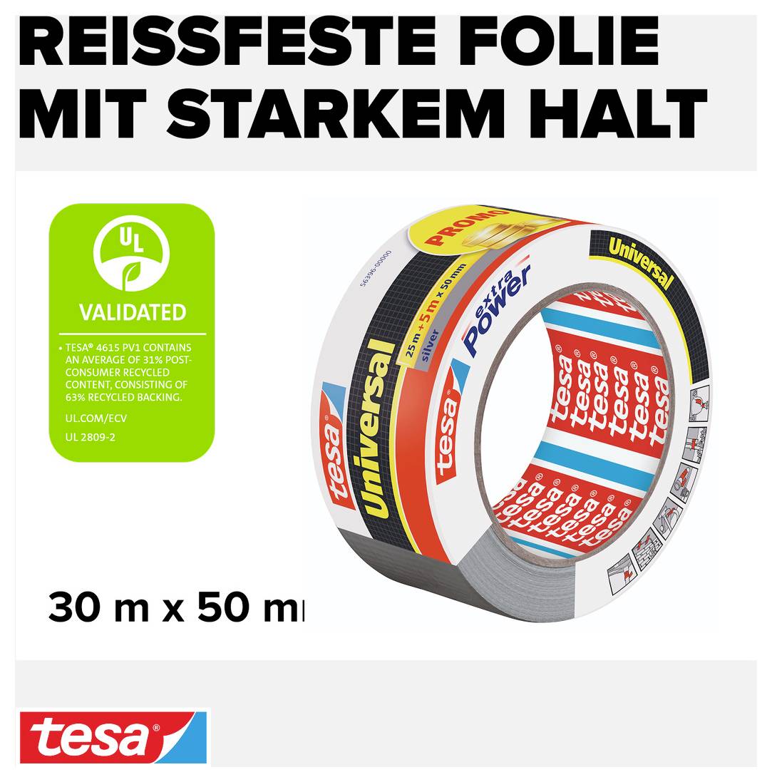 'REISSFESTE FOLIE MIT STARKEM HALT' über Klebebandrolle in der Mitte, grünem UL-Validierungszeichen links; Markenlogo unten.