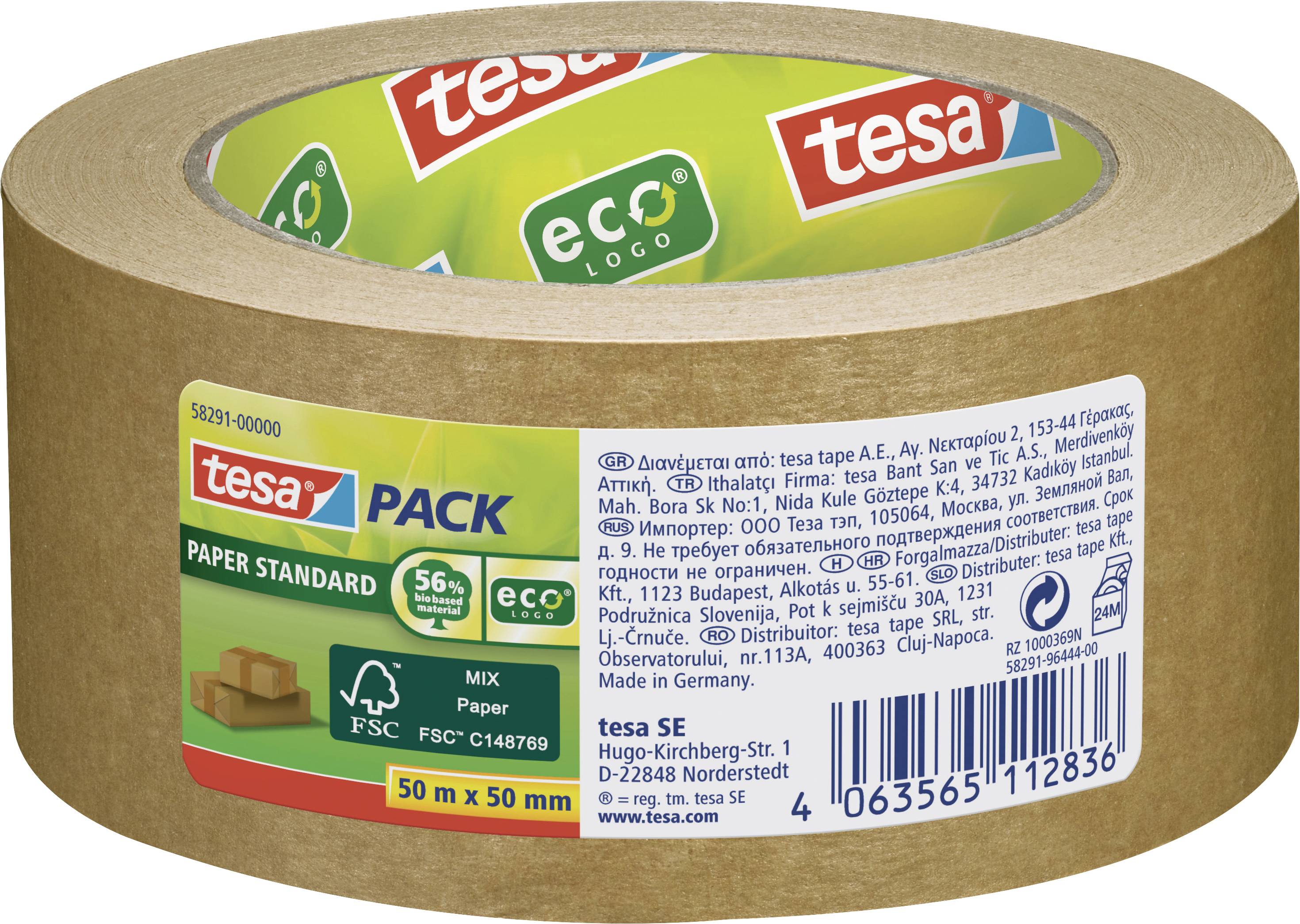 Paketklebeband der Marke Tesa mit Eco-Logo. Länge 50m, Breite 50mm. Hergestellt von Tesa SE, Deutschland. FSC-Mix zertifiziert.