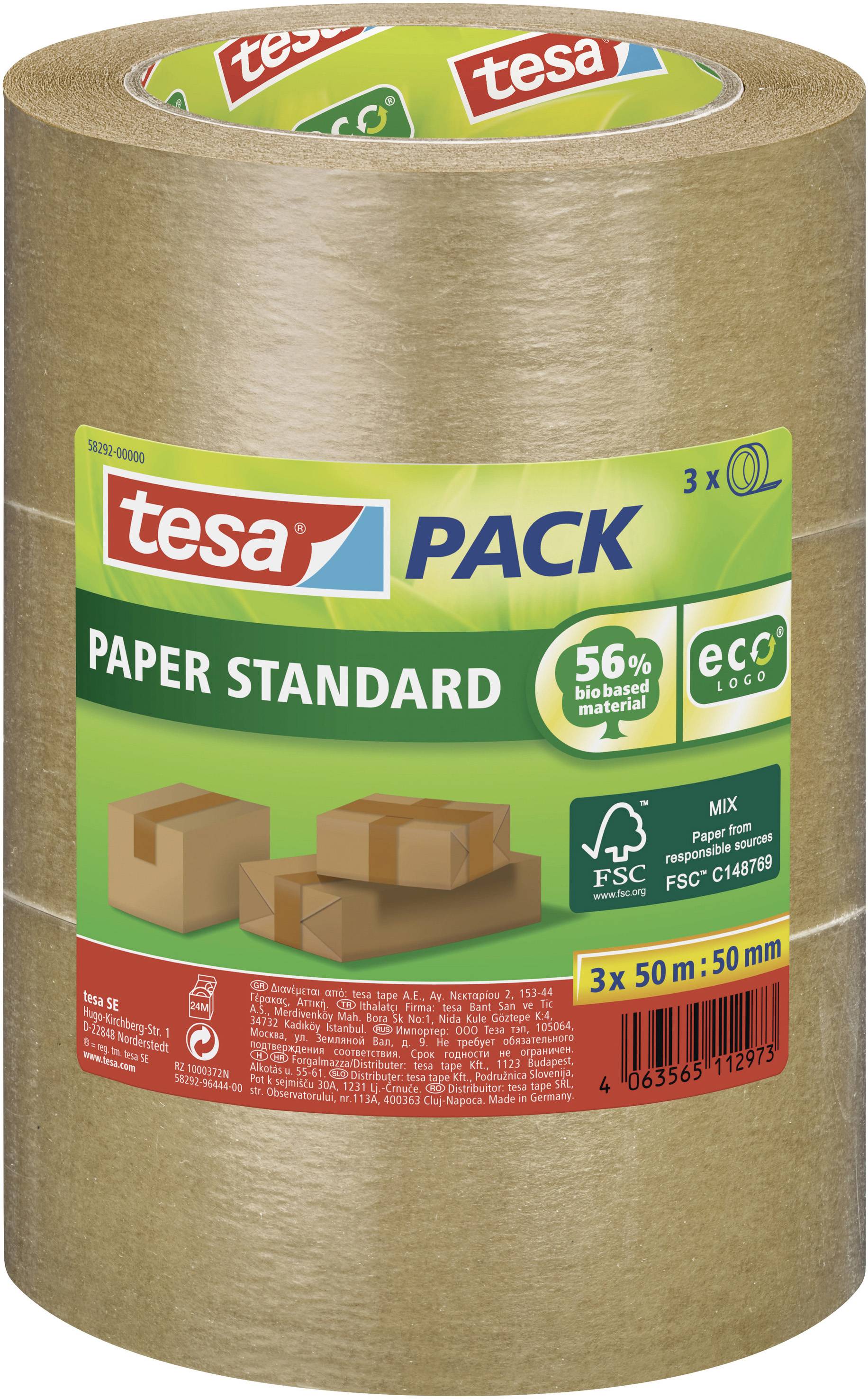 Drei Rollen braunes Verpackungsklebeband 'tesa Pack Paper Standard', umweltfreundlich, 56 % Bio-Material, für Kartonverpackungen.