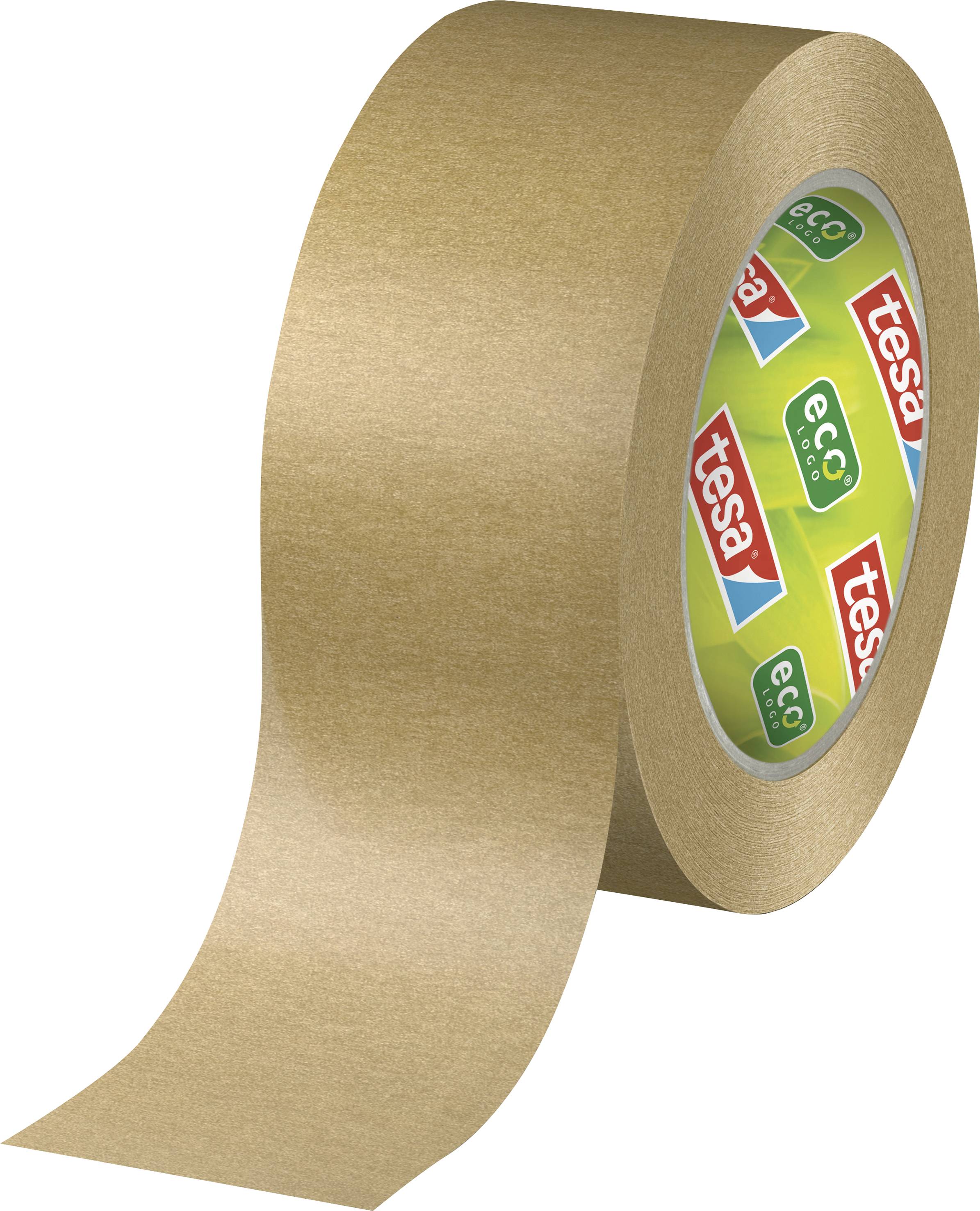 Eine Rolle braunes Klebeband mit 'tesa' und 'eco' Markenkennzeichnung, geeignet für umweltfreundliches Verpacken.