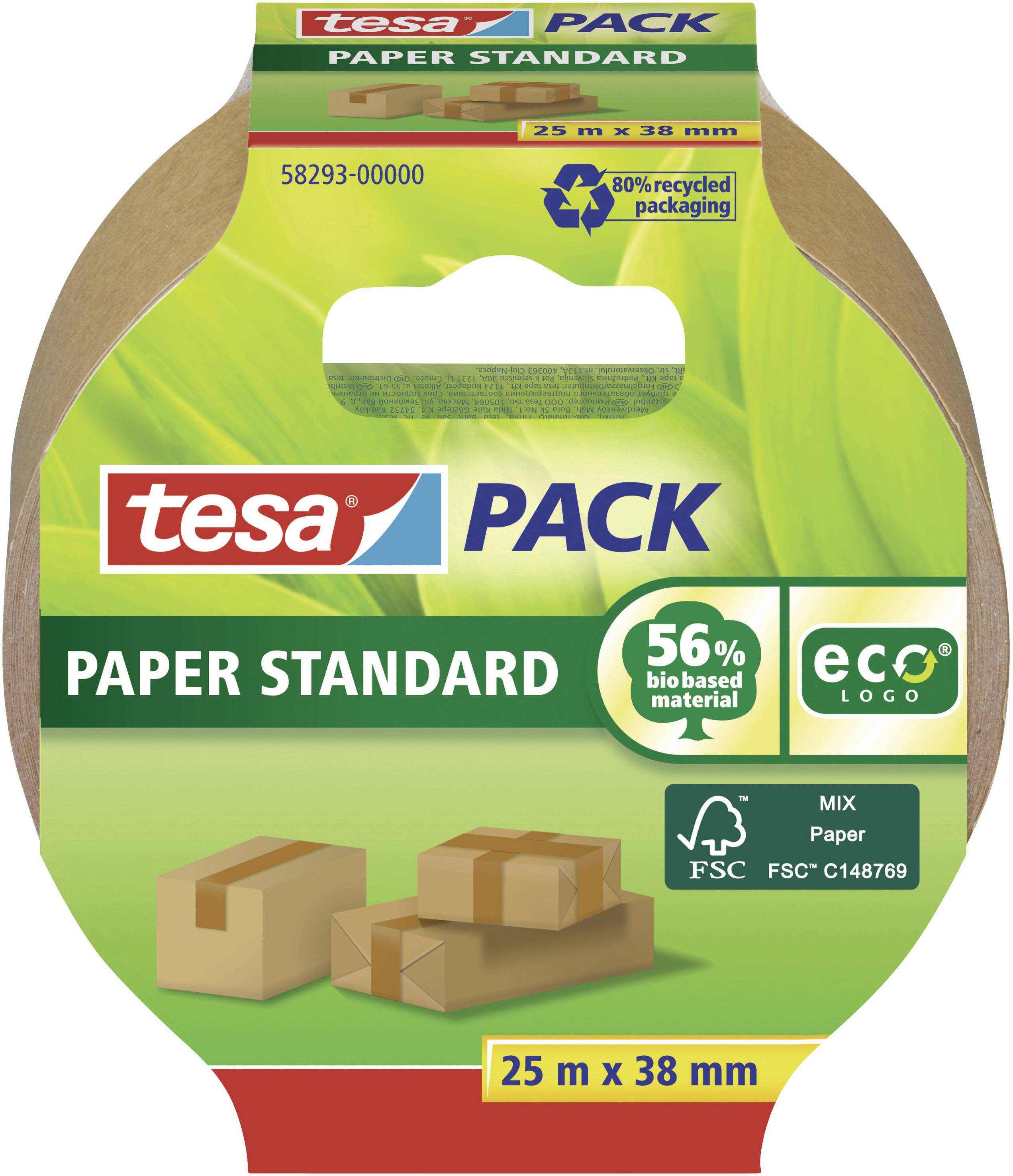 Klebeband-Verpackung mit Aufschrift 'tesa PACK PAPER STANDARD', 25 m x 38 mm, 56% biobasiert und FSC zertifiziert. Bild von Kartons.