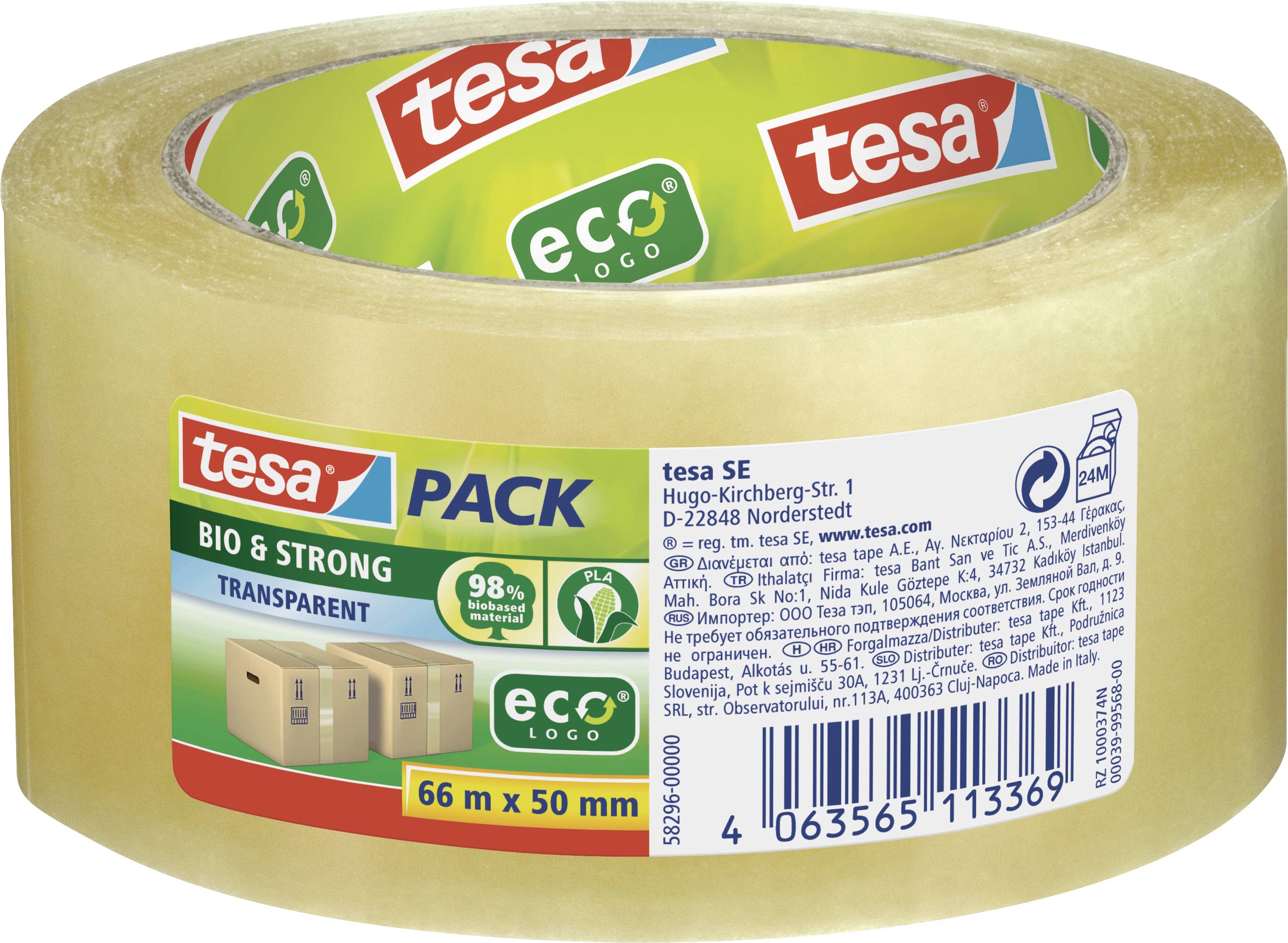 Transparente Verpackungsklebebandrolle der Marke 'tesa'. Aufschrift 'BIO & STRONG', 'ecoLogo', 66 m x 50 mm, 98% recyceltem Material.