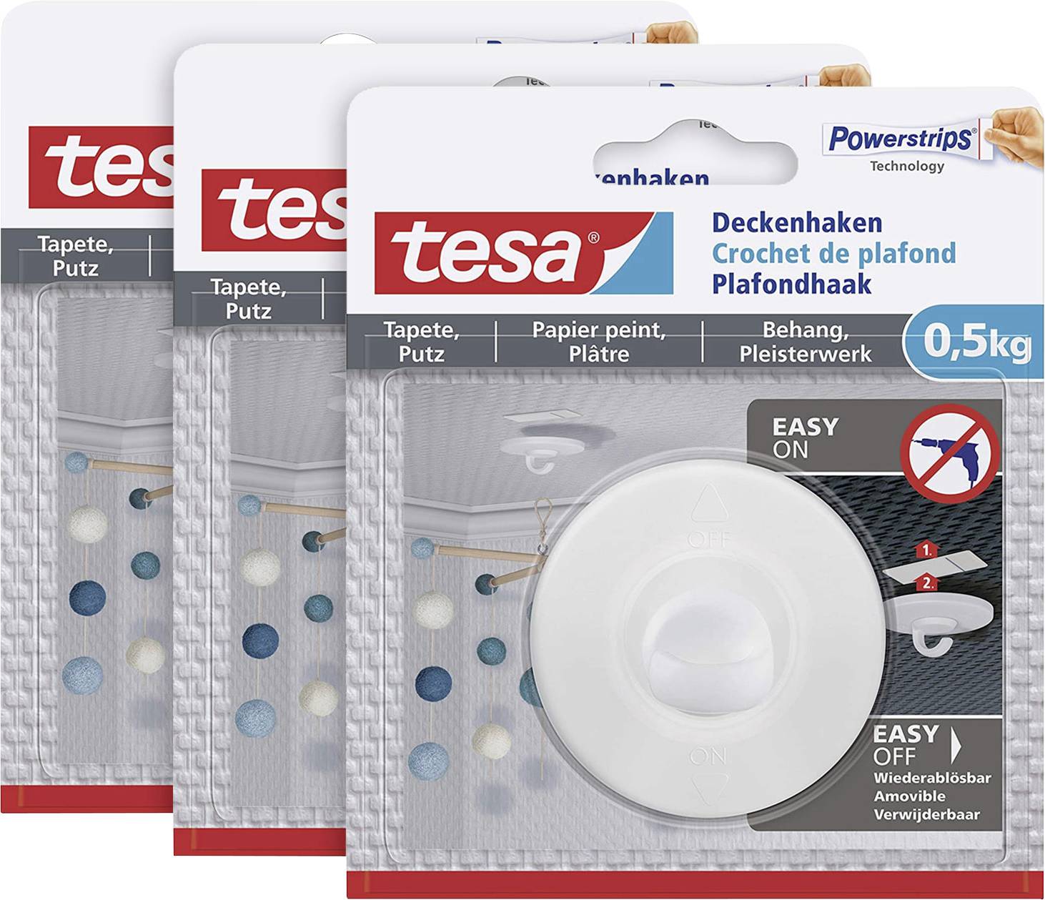 Drei Packungen tesa Powerstrips Deckenhaken, jeweils 0,5 kg Belastbarkeit. Geeignet für Tapeten, Putz, leicht ablösbar.