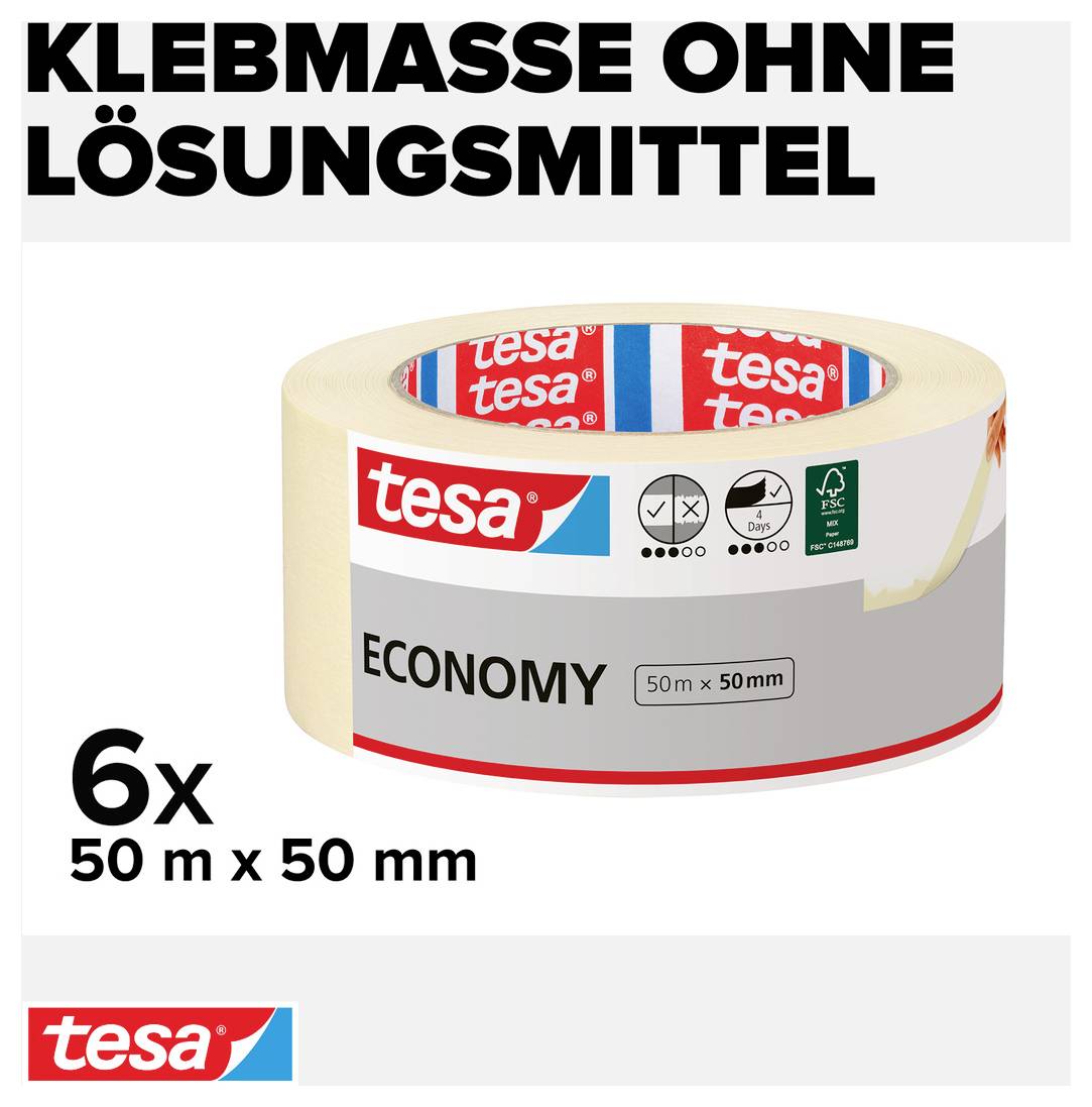 Verpackung von tesa Economy Klebeband 50 m x 50 mm, 6 Rollen. Klebmasse ohne Lösungsmittel. Bild des Produkts und Logos.