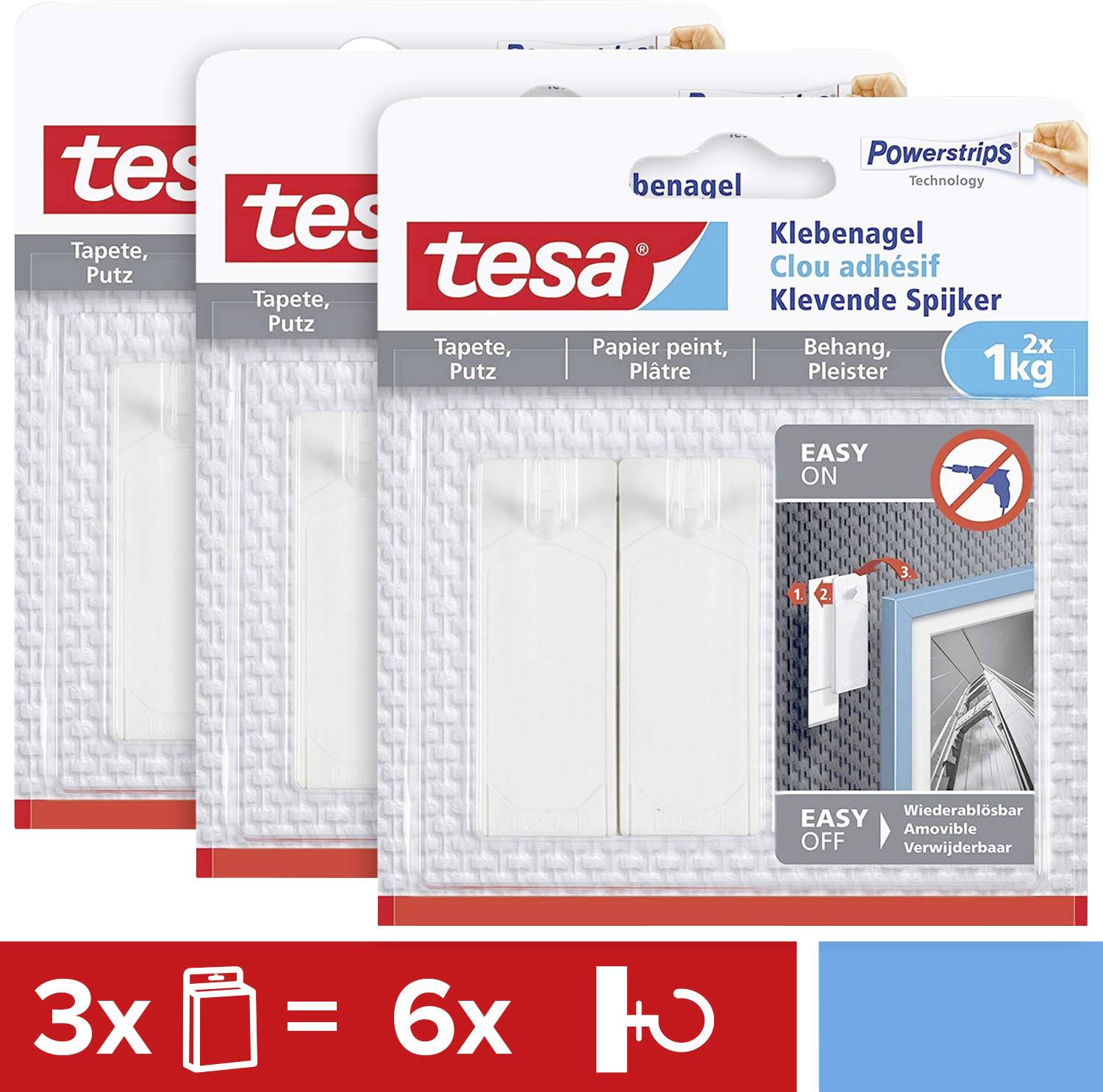 Drei Tesa Klebenägel-Verpackungen. Jeder hält bis zu 1 kg. Geeignet für Tapete und Putz. Enthält Anleitung zur Anwendung.