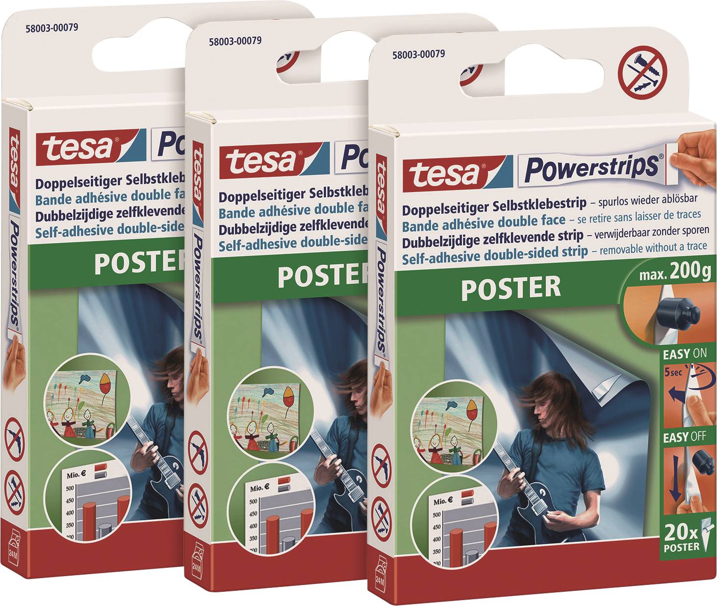 Drei Packungen doppelseitiger Selbstklebestreifen von Tesa, geeignet für Poster. Einfache Anwendung und Entfernung, hält bis 200g.
