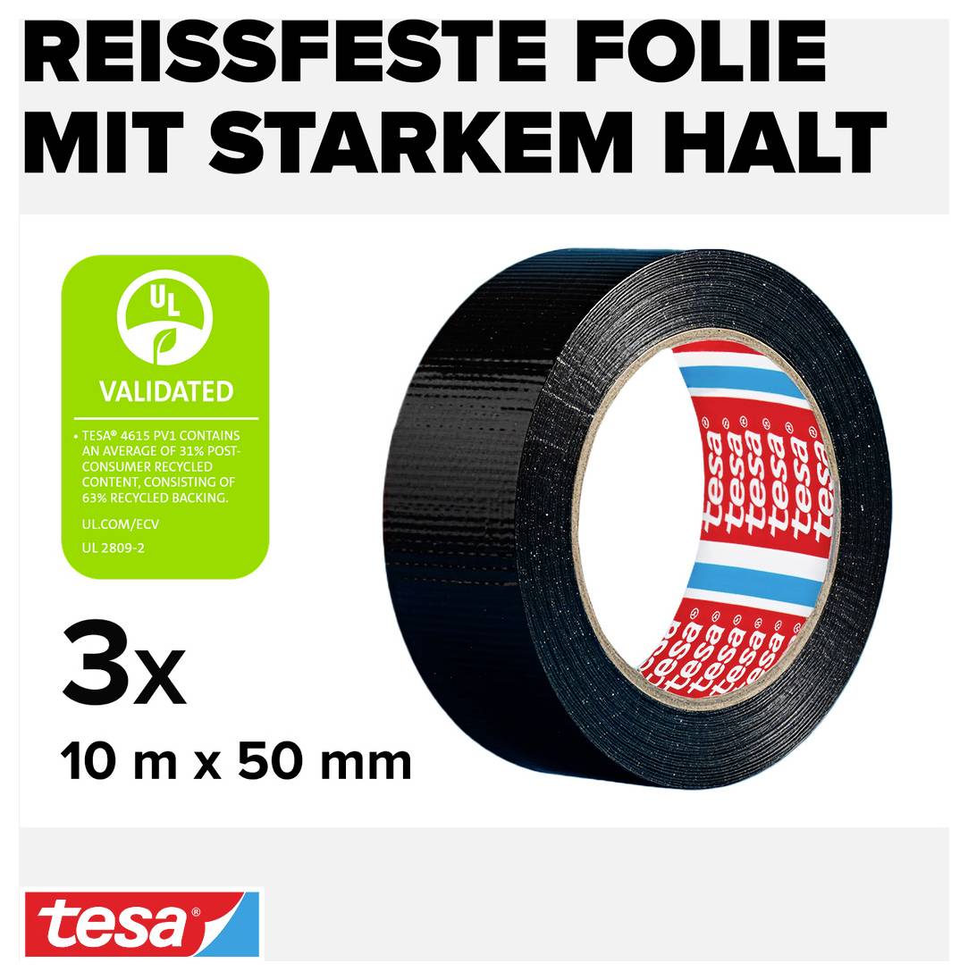Schwarze Klebebandrolle, reißfest mit starkem Halt. Maße: 10 m x 50 mm, 3 Stück. UL validiert, 63 % recyceltes Material.