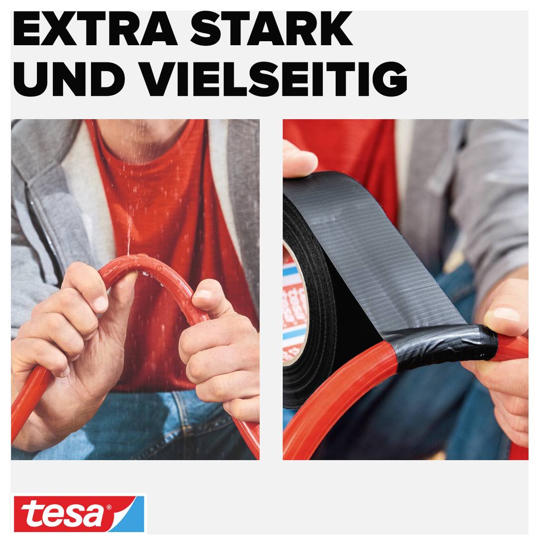 Zwei Bilder: Links hält eine Person ein rotes Kabel, rechts wird schwarzes Klebeband darum gewickelt. Text oben: 'Extra stark und vielseitig'. Logo unten: tesa.
