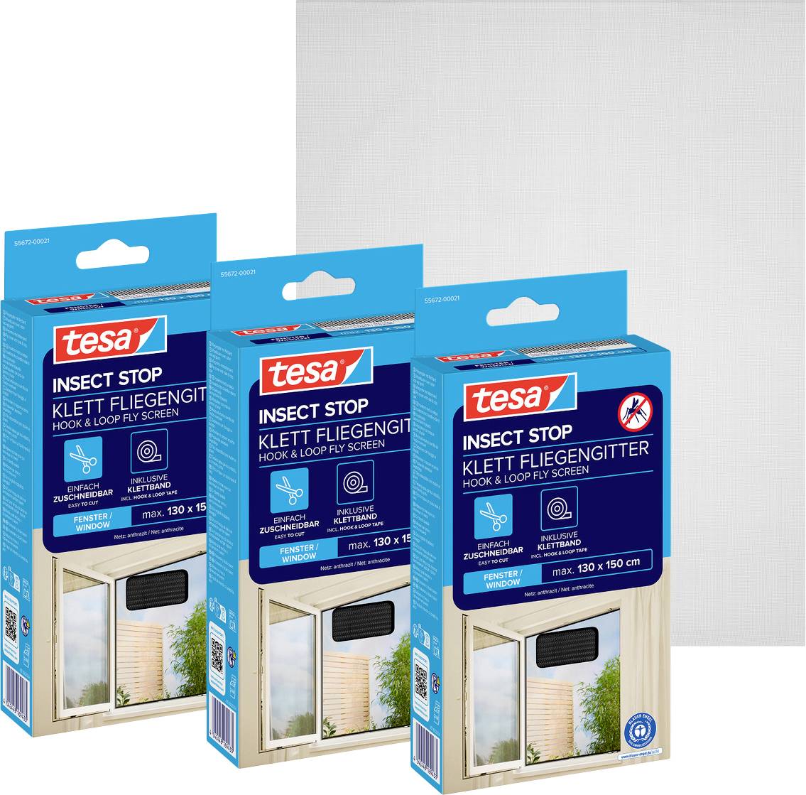 Drei tesa Insect Stop Klettband-Fliegengitter-Pakete nebeneinander angeordnet, die Fenster-Insektenschutz-Set-Verpackung zeigen.