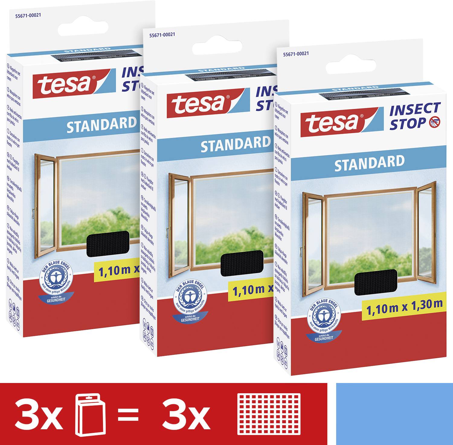 Drei Packungen 'tesa Insect Stop Standard', 1,10 x 1,30 m, mit Bild von offenem Fenster. Rotes Symbol zeigt '3x' für drei Packungen.