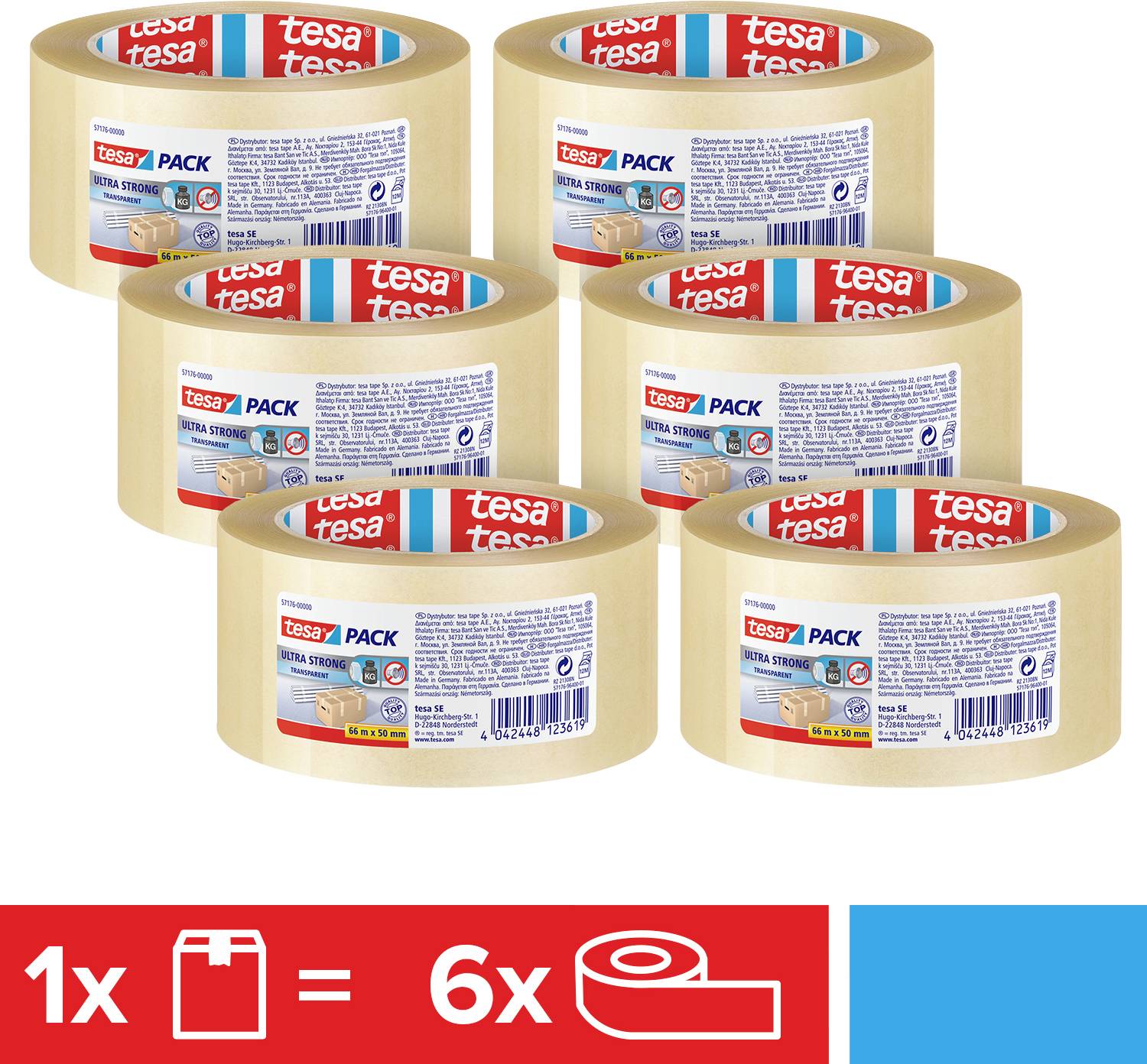 Sechs Rollen Packband von Tesa in einem Set. Jede Rolle ist beige und trägt ein Etikett mit Produktinformationen.