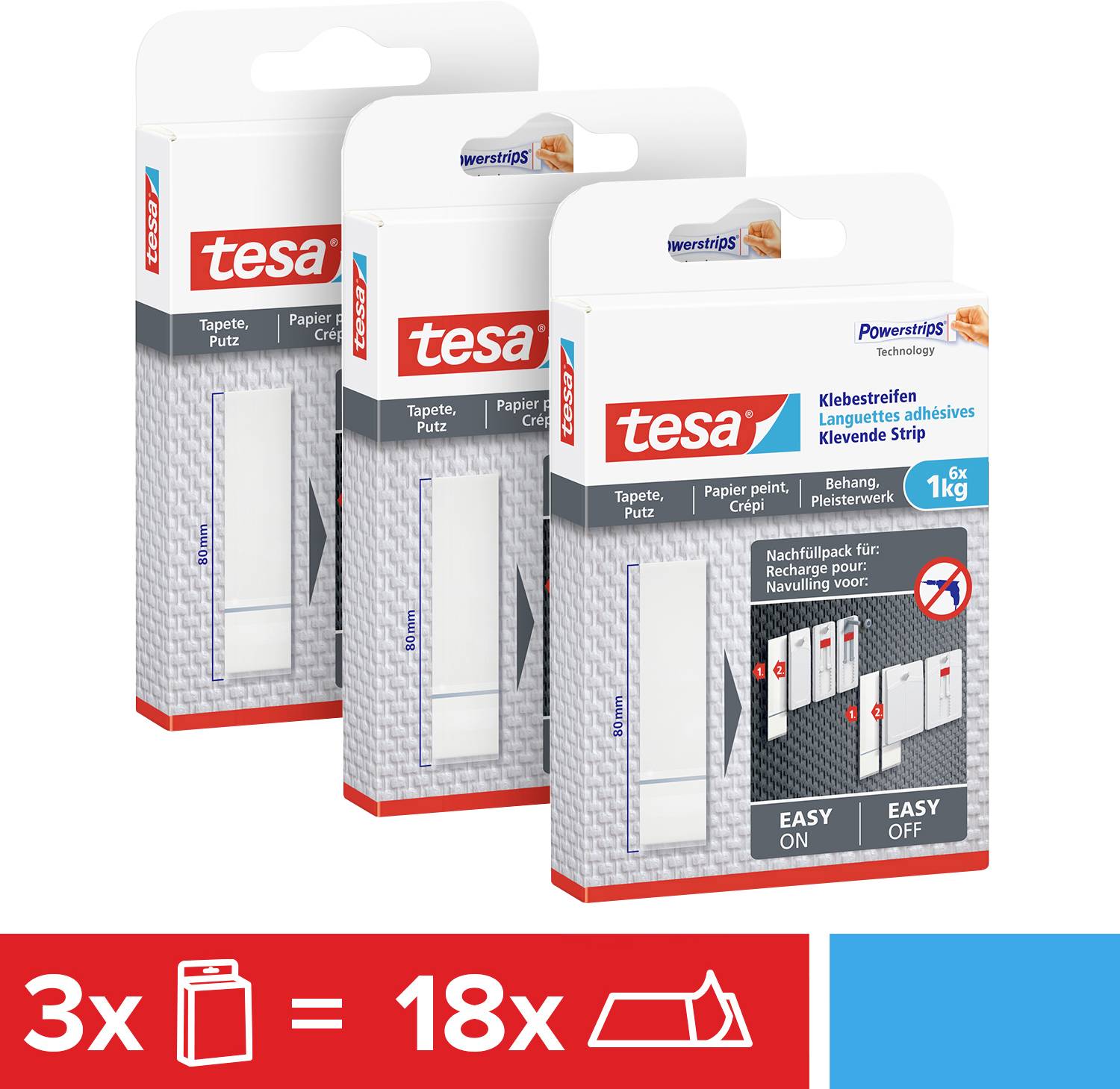 Drei Packungen Tesa Klebestreifen für Tapeten und Putz, jeweils mit 6 Streifen; geeignet für bis zu 1 kg Gewicht.