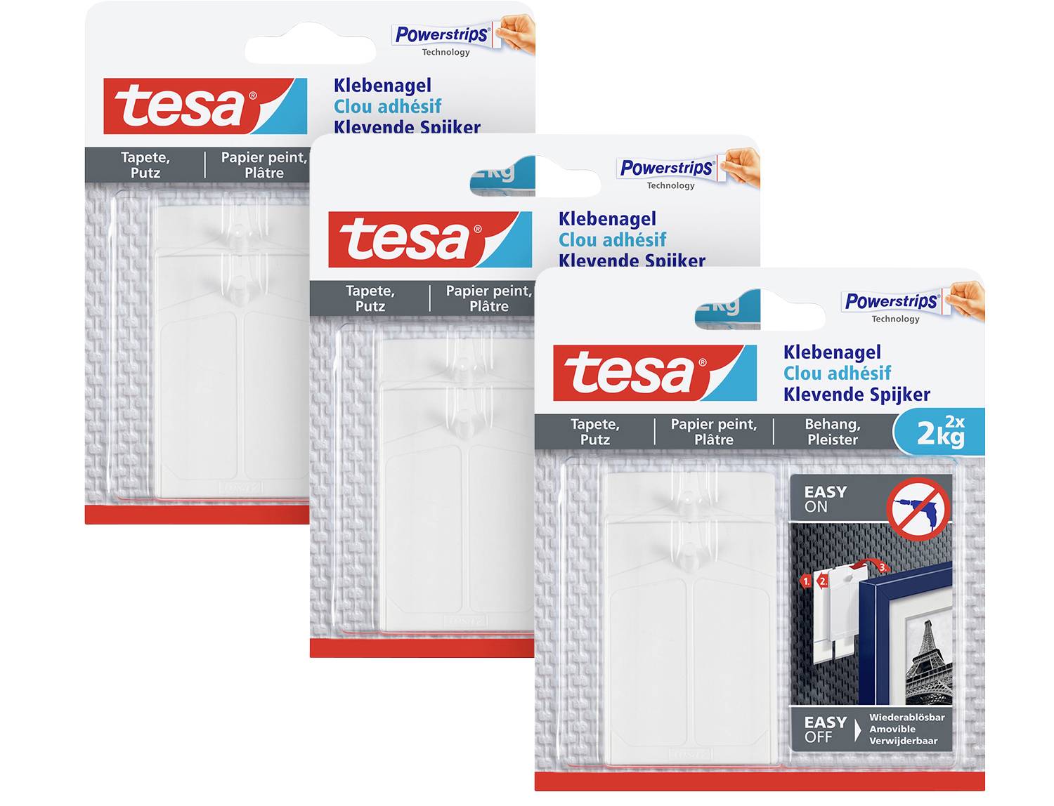 Drei Packungen Tesa Klebenagel für Tapeten und Putz, geeignet für 2 kg Belastung, einfache Montageanleitung auf der Vorderseite.