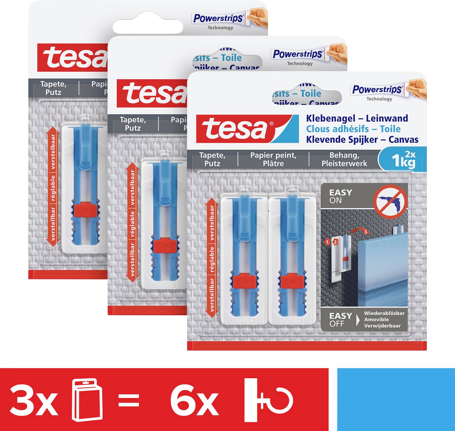 Drei Pakete Tesa Klebenägel für Tapeten und Putz. Jedes Paket enthält zwei Klebenägel und ist für bis zu 1 kg geeignet.