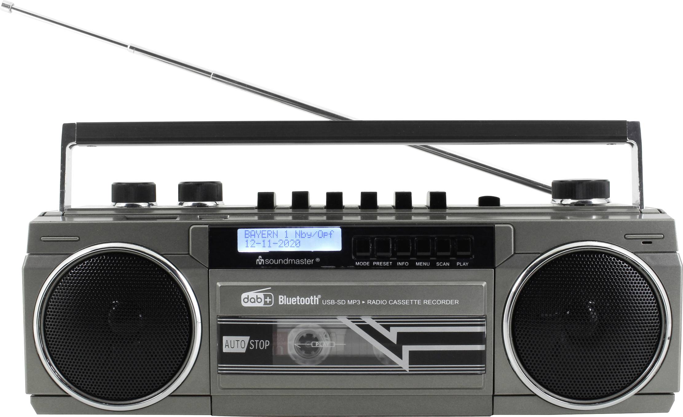 soundmaster SRR70TI Tragbarer Kassettenspieler MP3 Aufnahmefunktion, Inkl. Mikrofon, Weckfunktion Grau