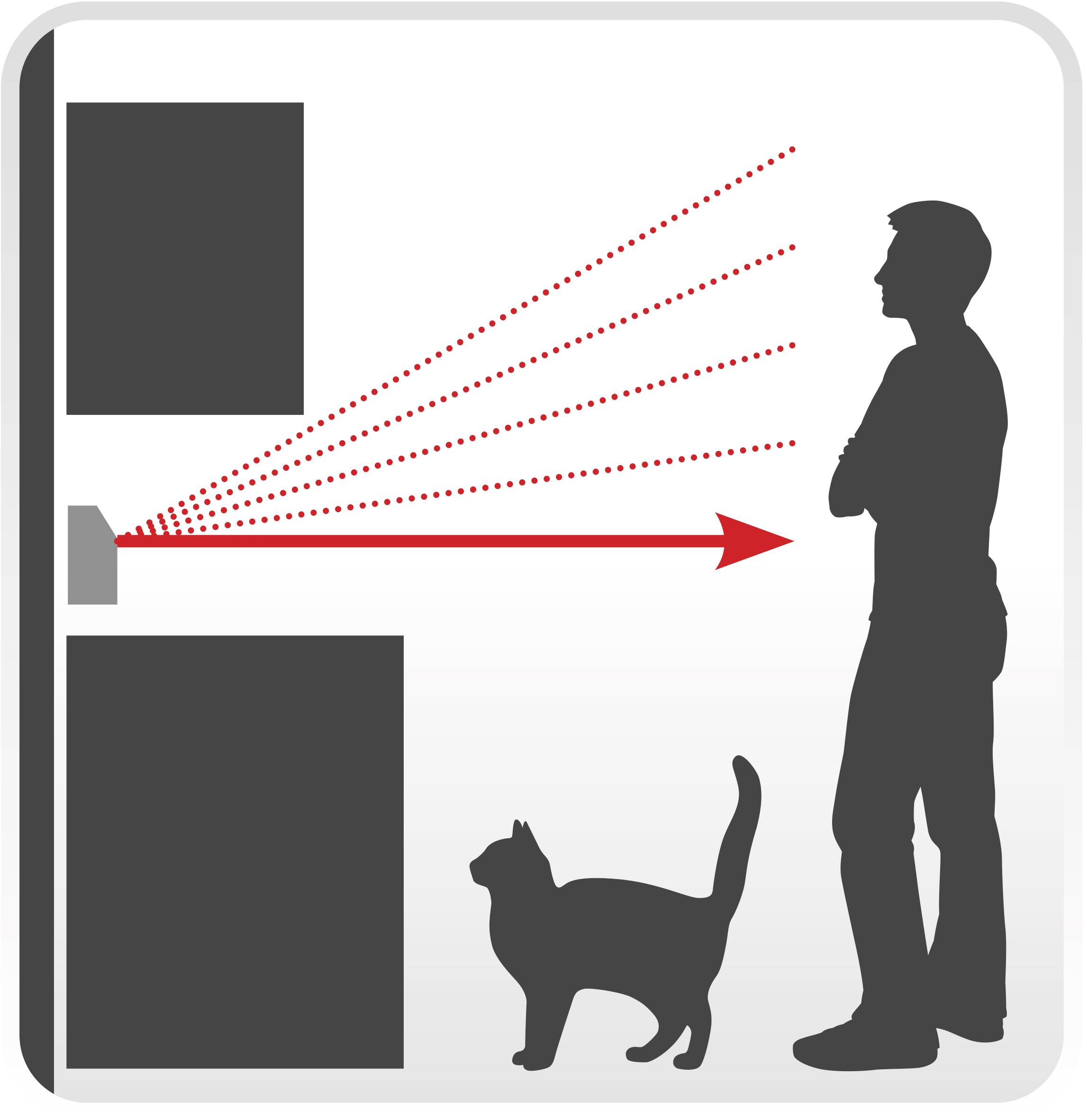 Ein Mann und eine Katze stehen vor einer automatischen Tür, die von einem Bewegungssensor erkannt wird; die Tür öffnet sich.