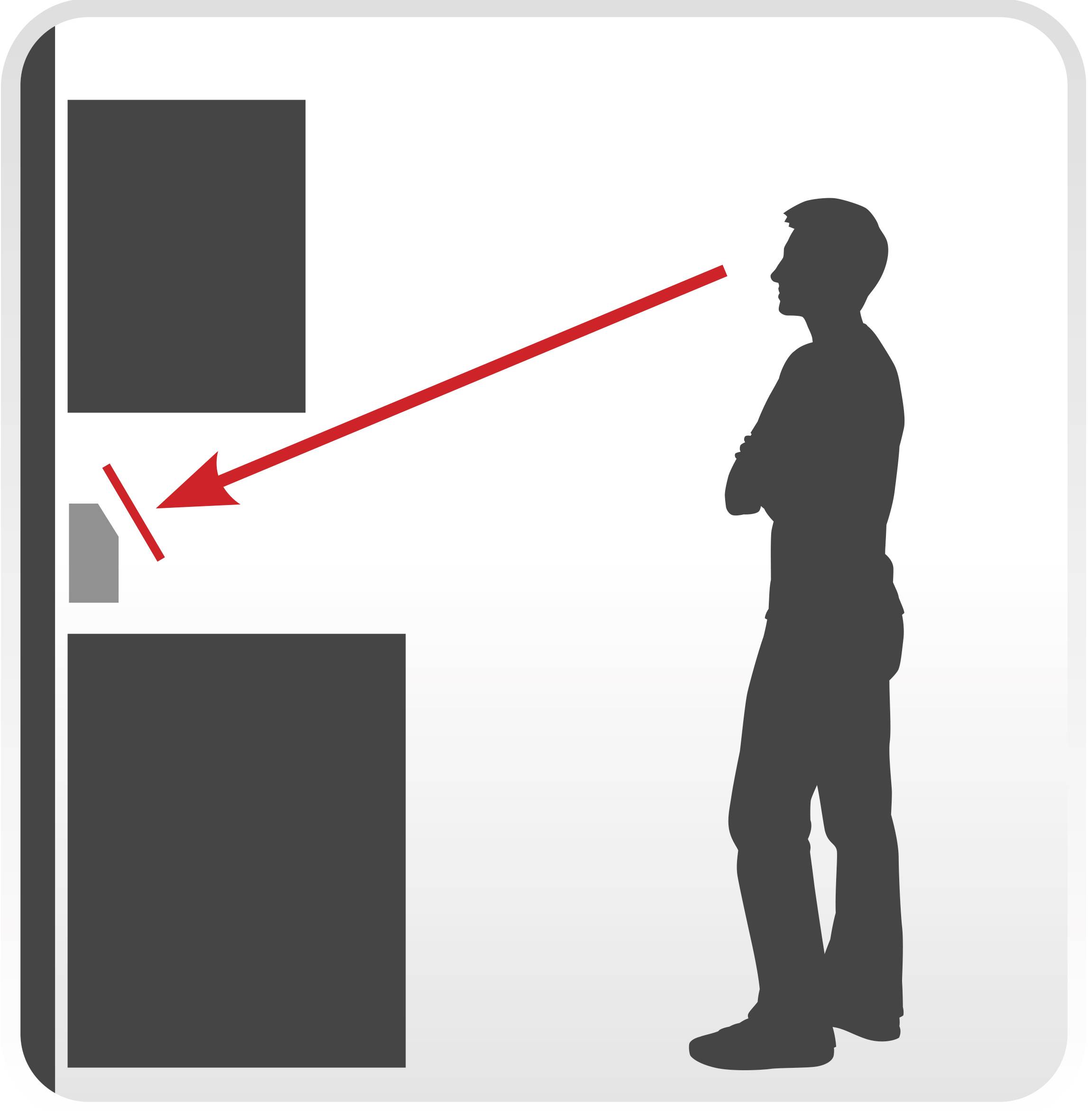 Silhouette einer Person, die mit einem Auge über einer roten Linie durch ein Loch in die Tür schaut.