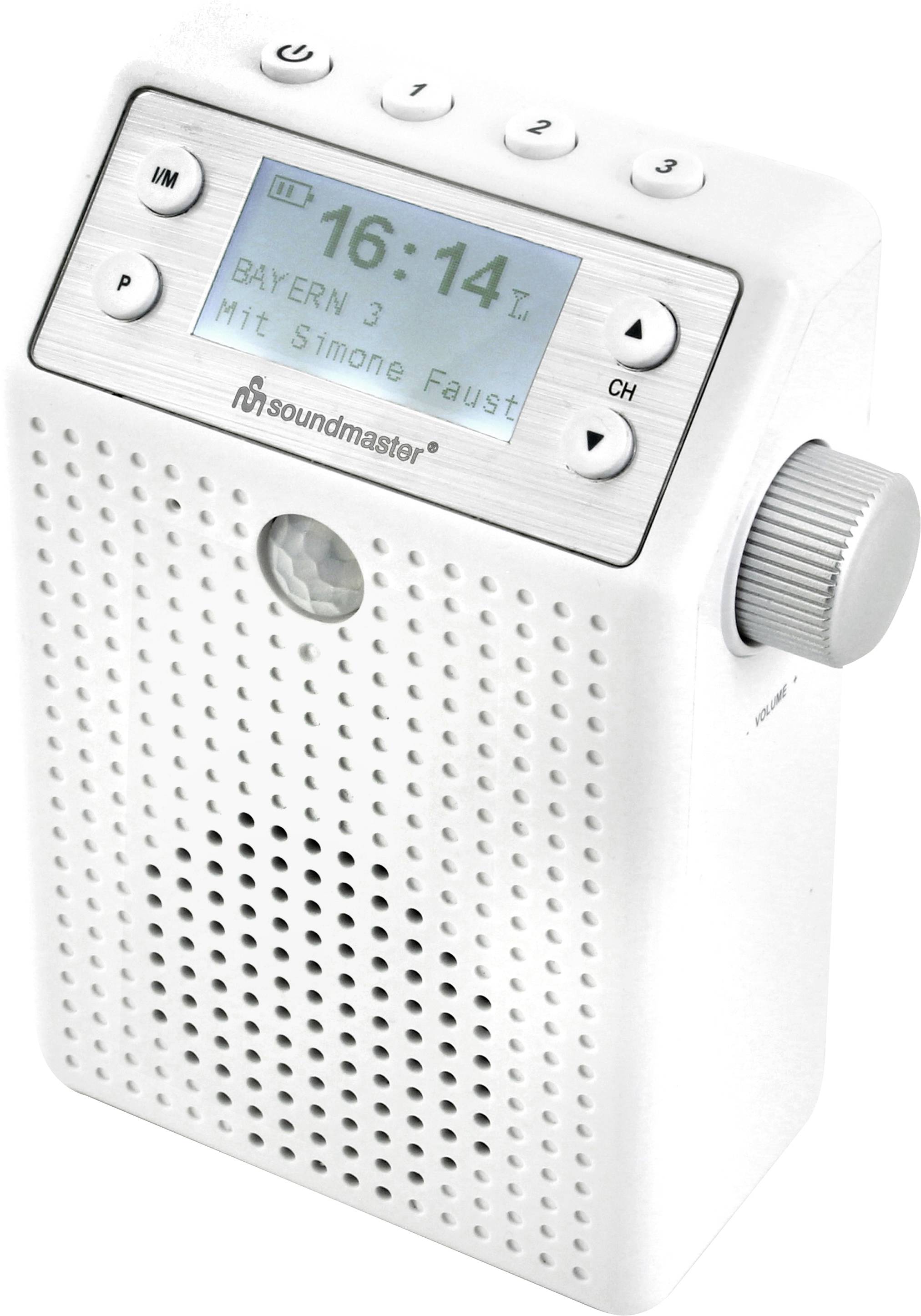 Ein weißes tragbares Radio mit Display zeigt '16:14', 'BAYERN 3', 'Mit Simone Faust'. Tasten zur Sender- und Lautstärkeregelung.