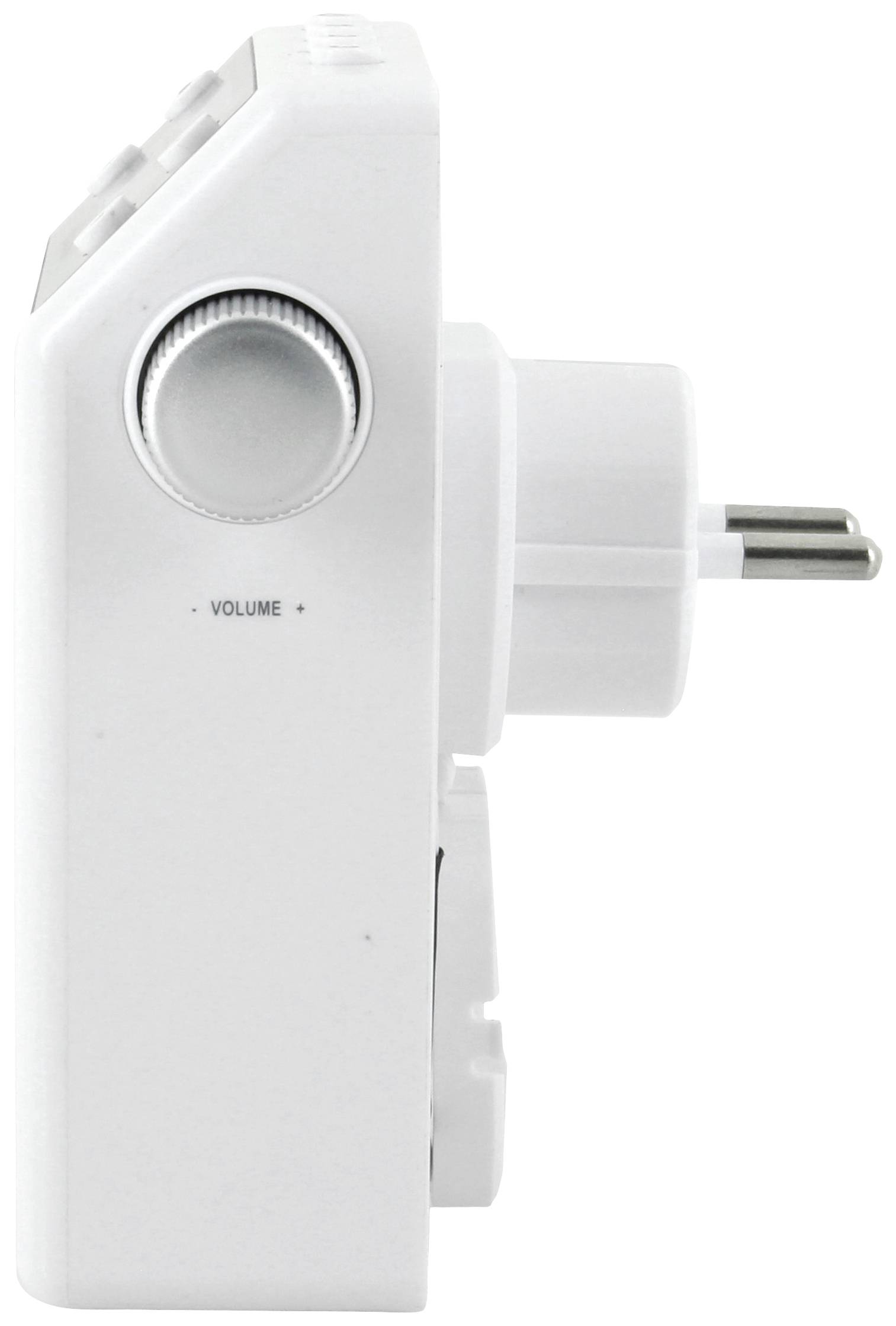 Ein weißer Steckdosen-Adapter mit Lautstärkeregler an der Seite, geeignet für den Einsatz in Steckdosen.