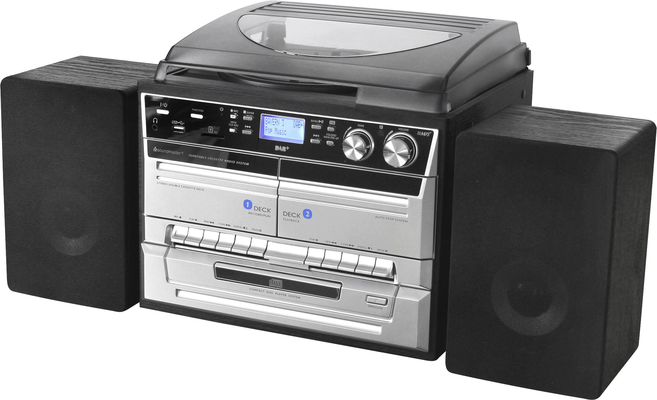 soundmaster MCD5550SW Stereoanlage AUX, Bluetooth®, CD, DAB+, Kassette, Plattenspieler, Radiorecorder, UKW, USB, Aufnahmefunktion, Inkl