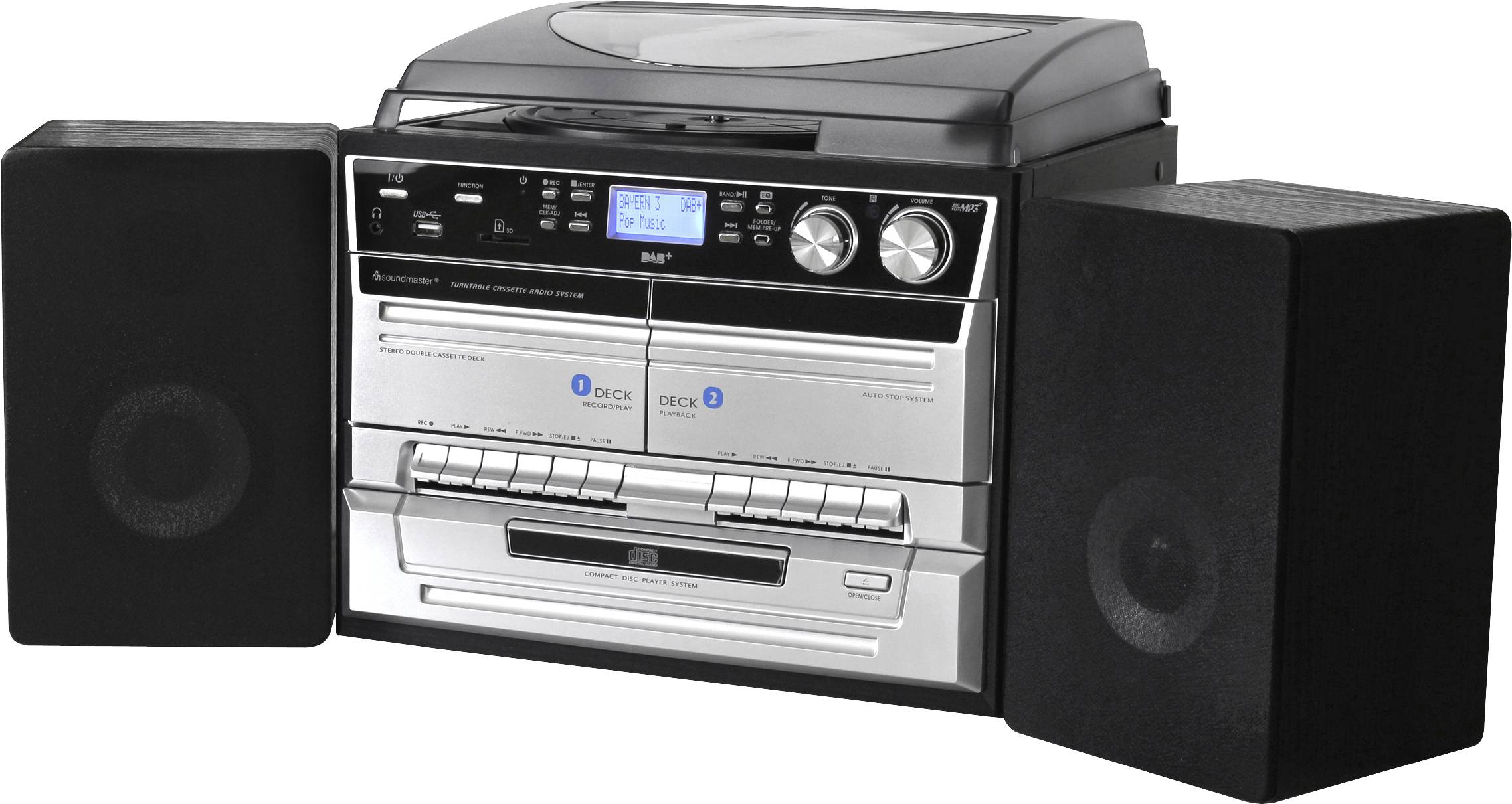 soundmaster MCD5550SW Stereoanlage AUX, Bluetooth®, CD, DAB+, Kassette, Plattenspieler, Radiorecorder, UKW, USB, Aufnahmefunktion, Inkl