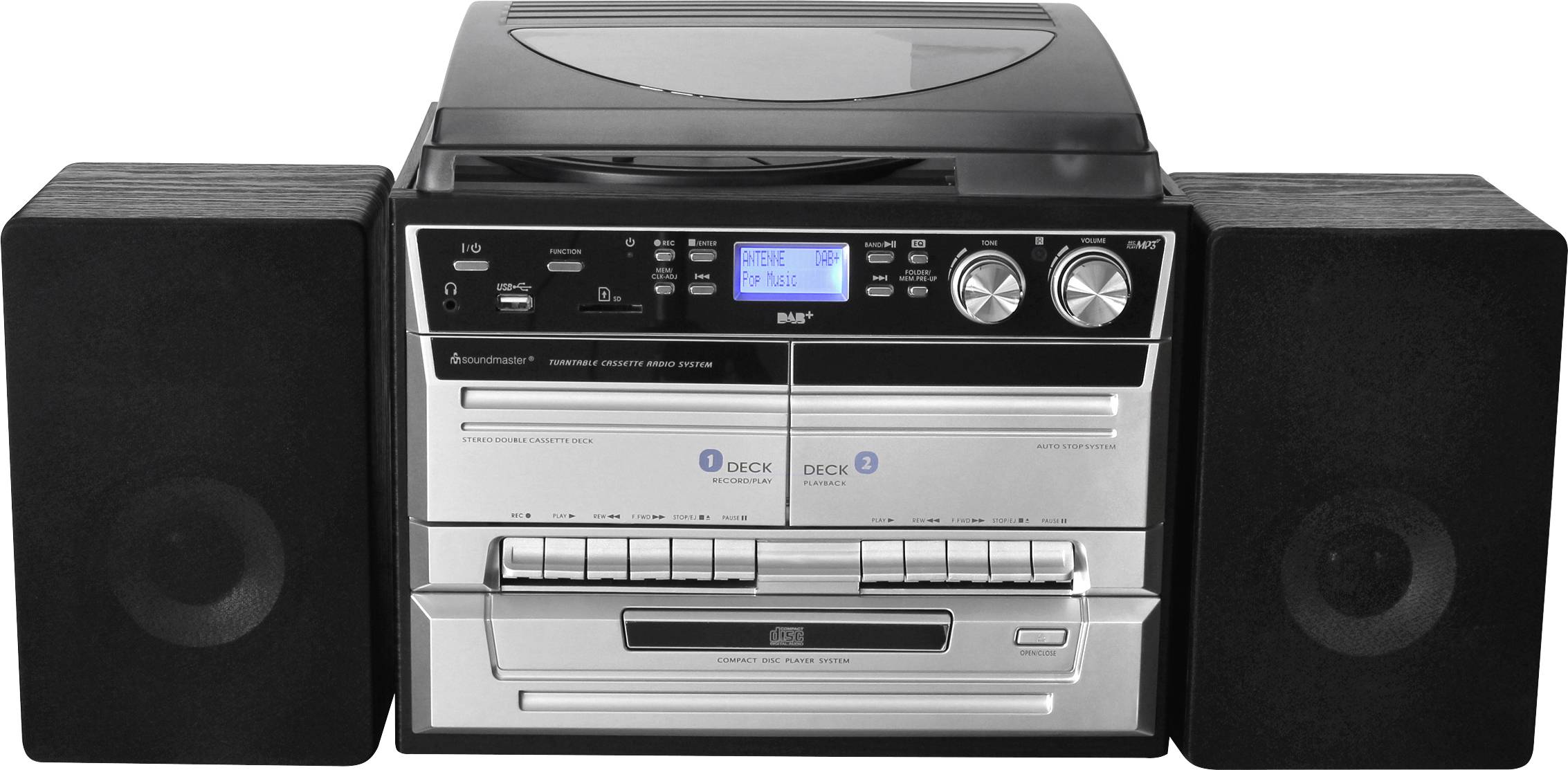 soundmaster MCD5550SW Stereoanlage AUX, Bluetooth®, CD, DAB+, Kassette, Plattenspieler, Radiorecorder, UKW, USB, Aufnahmefunktion, Inkl