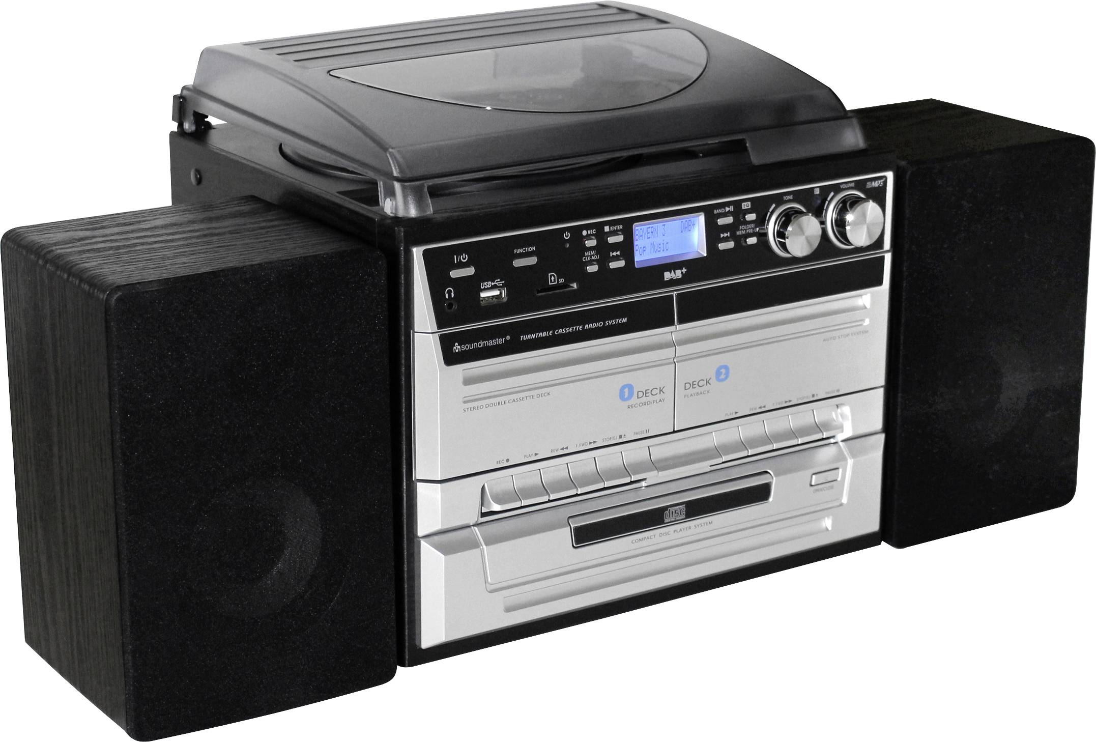 soundmaster MCD5550SW Stereoanlage AUX, Bluetooth®, CD, DAB+, Kassette, Plattenspieler, Radiorecorder, UKW, USB, Aufnahmefunktion, Inkl