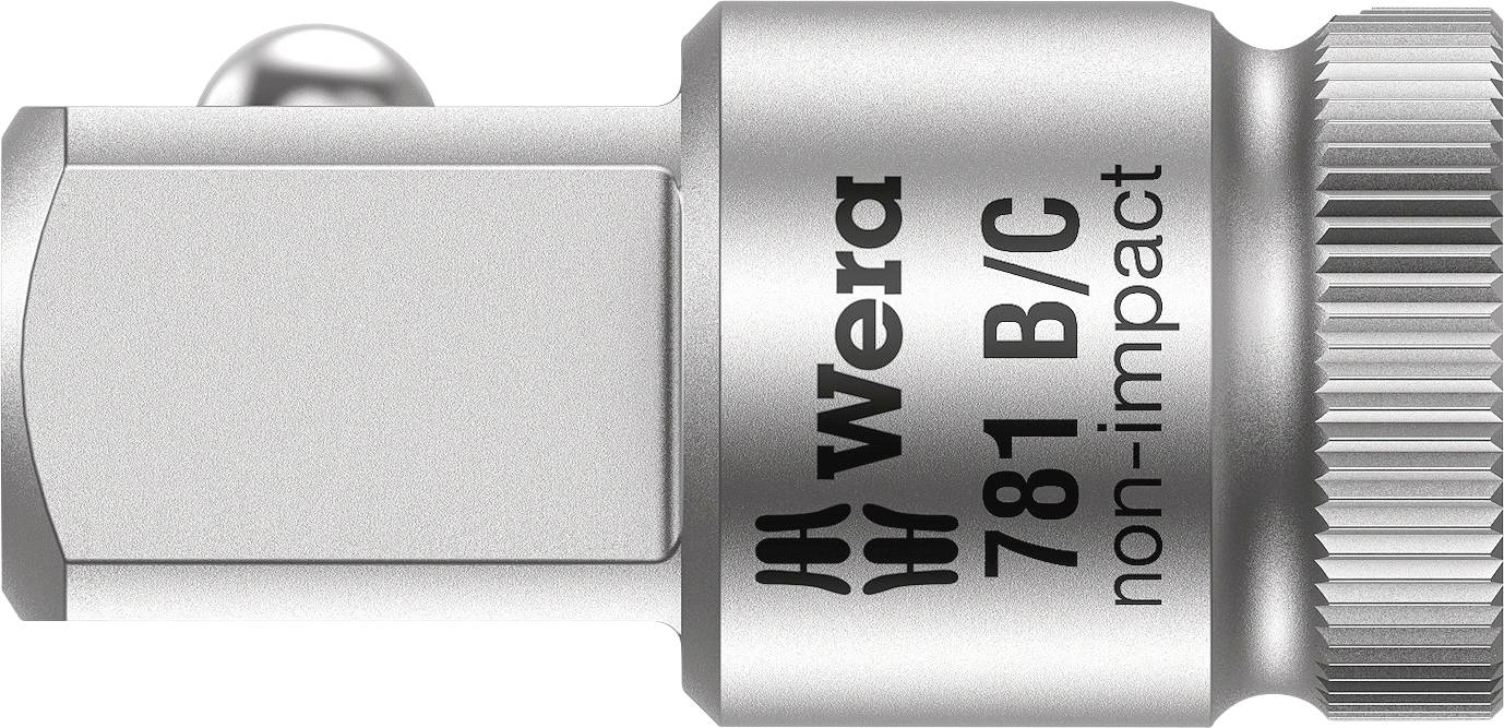Adapter aus Metall für Schraubwerkzeuge, mit der Aufschrift 'Wera 781 B/C non-impact'. Verbindungsstück mit geriffelter Oberfläche.