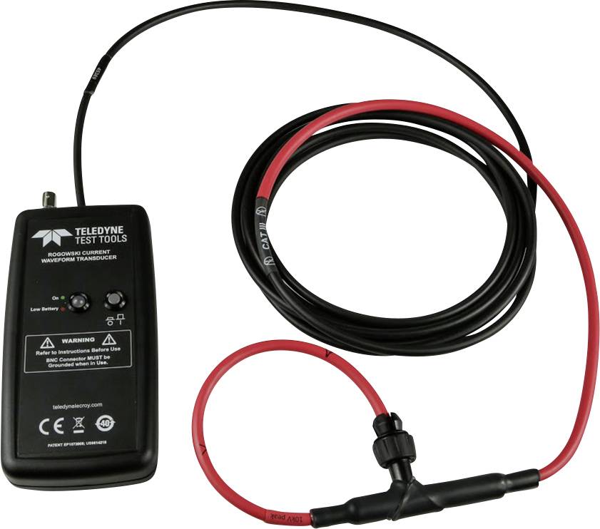 Ein elektronisches Messgerät mit schwarzem Gehäuse und roten Kabeln. Es wird zur Erfassung von Stromwellenformen verwendet.