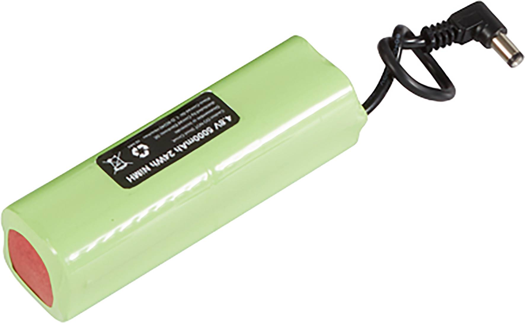 Ein grüner, zylindrischer Akku mit Aufdruck und einem Kabel, das in einem Winkel herausführt.