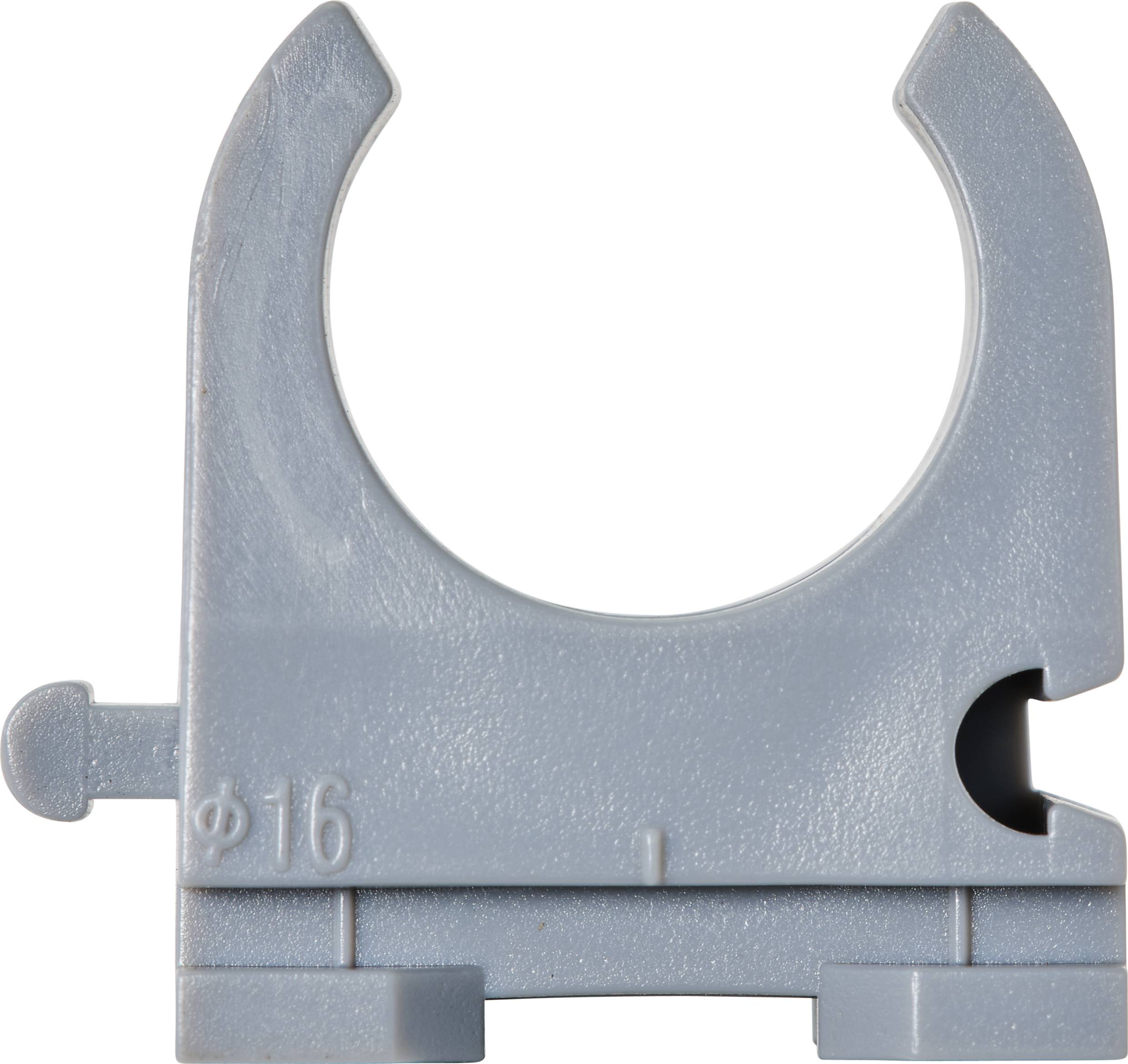 Graue Kunststoffrohrhalterung mit einer Öffnung zur Befestigung eines 16-Millimeter-Rohrs.