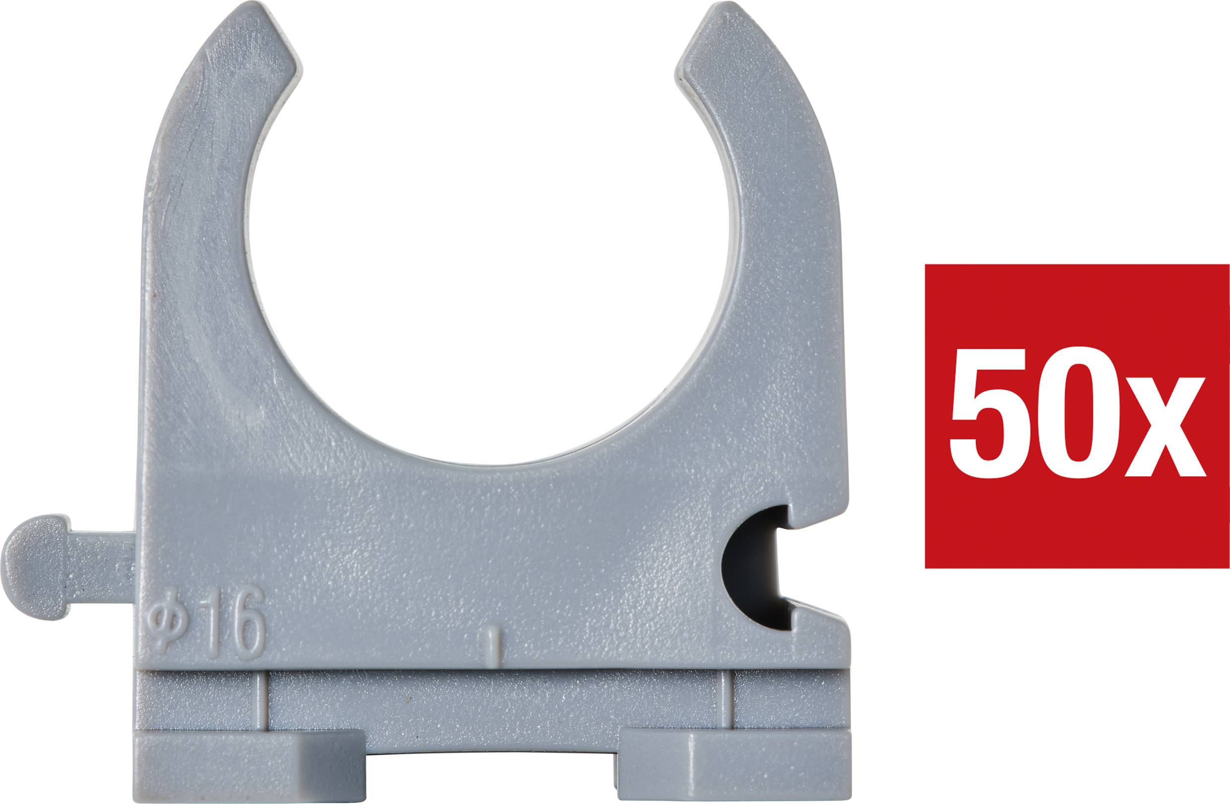 Graue Rohrschelle, geeignet für 16 mm Durchmesser, abgebildet mit der Angabe '50x' auf rotem Hintergrund.