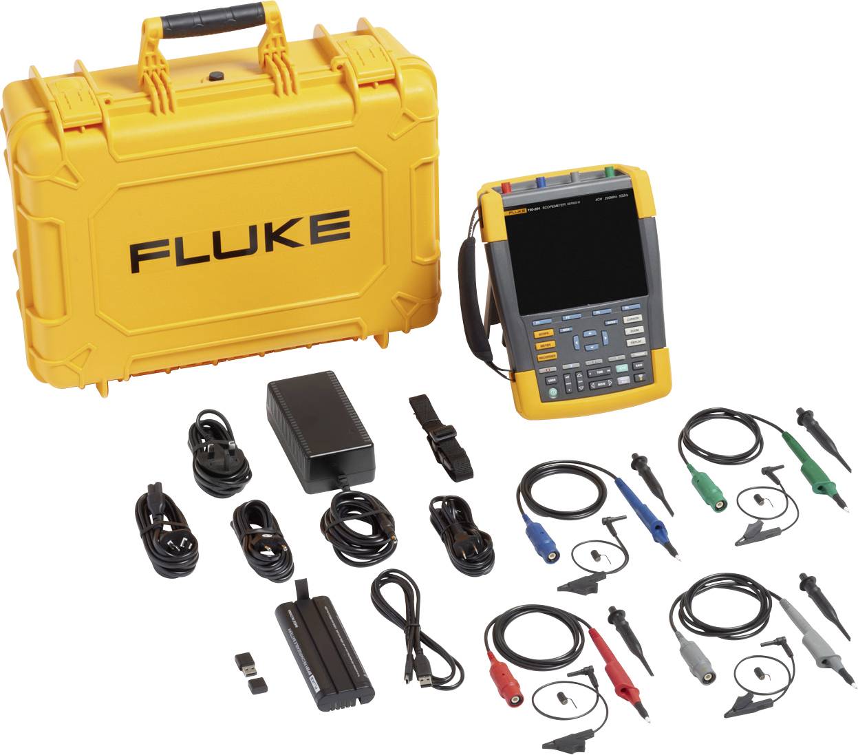 Gelbes Fluke-Oszilloskop-Set mit Zubehör: Tragetasche, Oszilloskop, Netzteil, Kabel und Messleitungen.