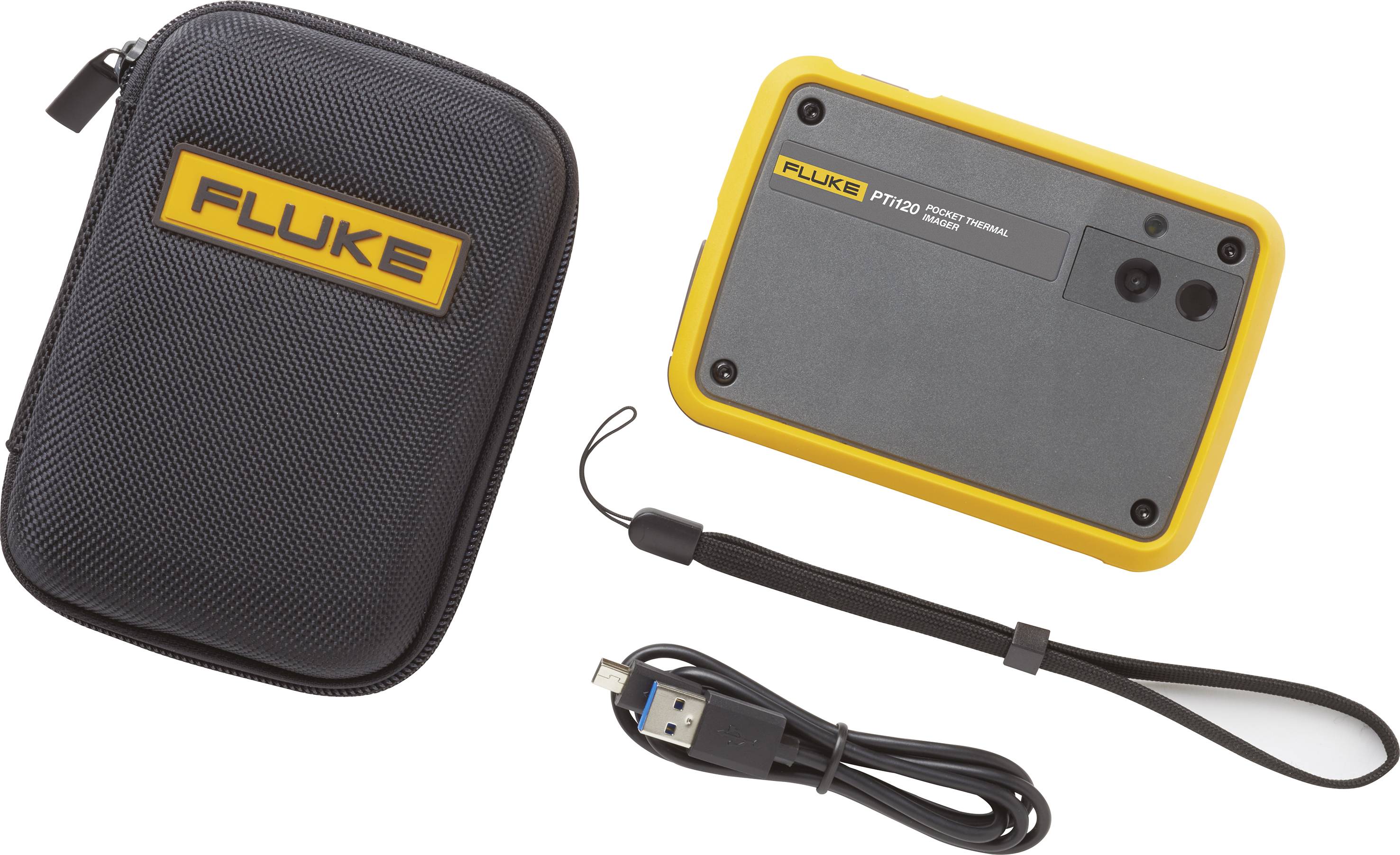 Tragetasche mit 'FLUKE'-Logo, Fluke PR1000 Gerät und USB-Kabel. Das Gerät dient der elektronischen Messung und Diagnose.