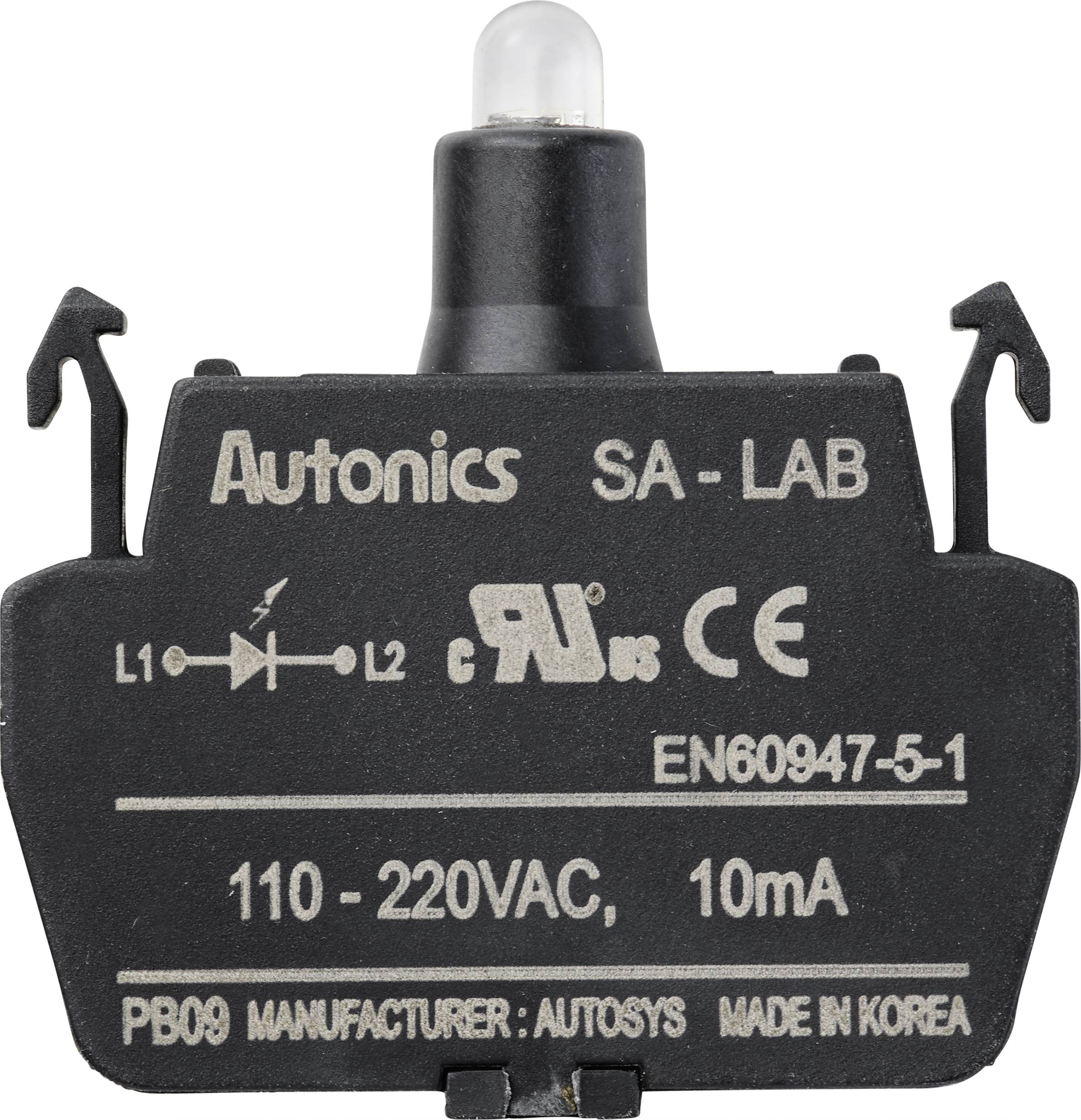 Schwarzer elektrischer Schalter mit Aufschrift 'Autonics SA-LAB', Spannung 110-220VAC, 10mA, hergestellt von Autosys, Korea.