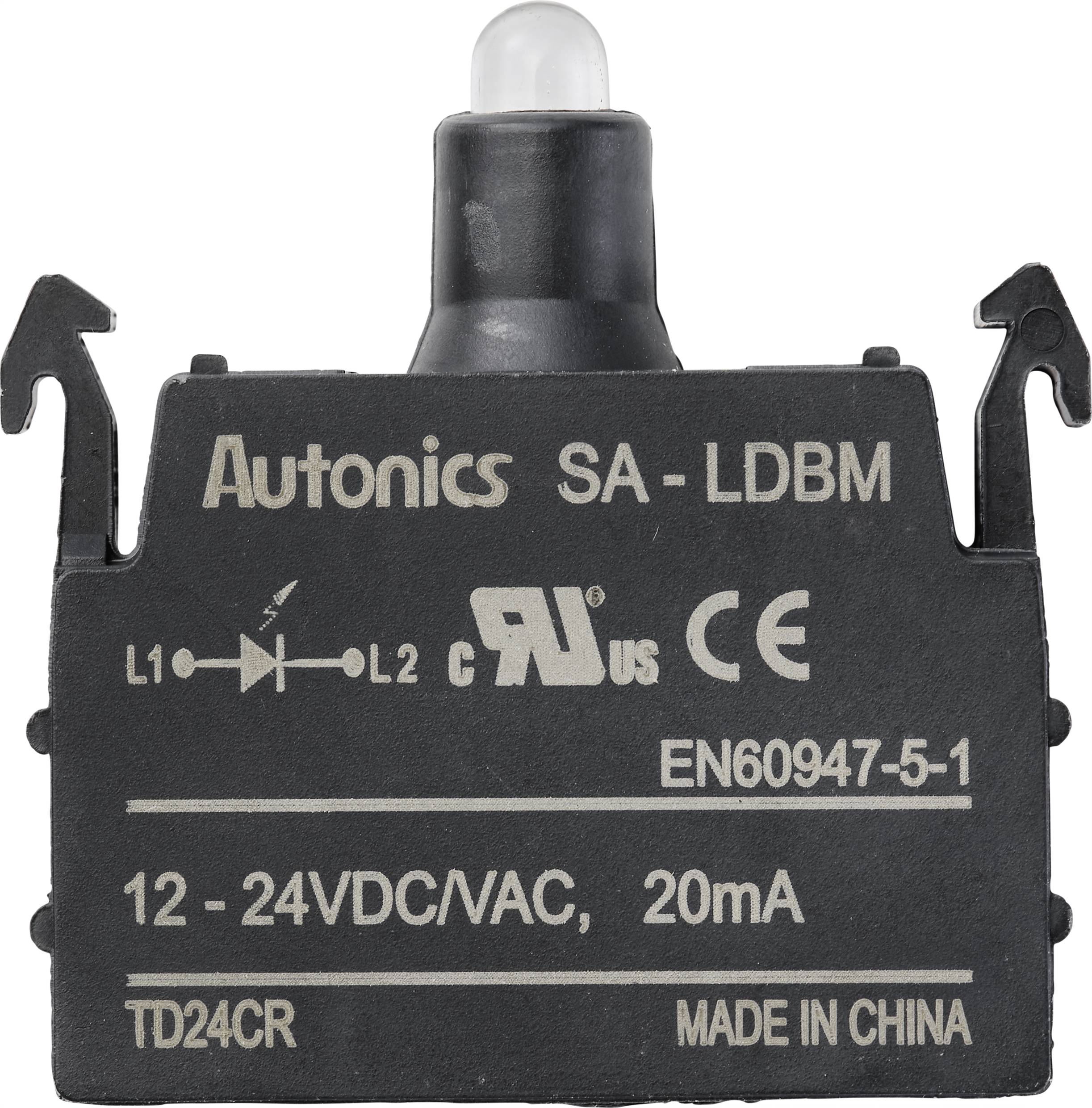Schwarzer 'Autonics SA-LDBM' Sensor mit Markierungen für L1 und L2, Spannung 12-24VDC/VAC, Strom 20mA. CE- und UL-Zertifizierung.