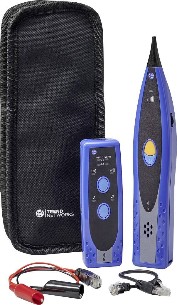 Set von Netzwerkkabel-Tester und Tongenerator mit Tragetasche, zwei Hauptgeräten, Kabelklemmen und Netzwerkkabel für Kabeldiagnose.