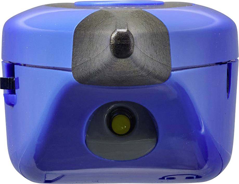 Blauer Anspitzer mit rundem Gehäuse und schwarzem Schärfkopf in der Mitte, gelbem Knopf vorne.