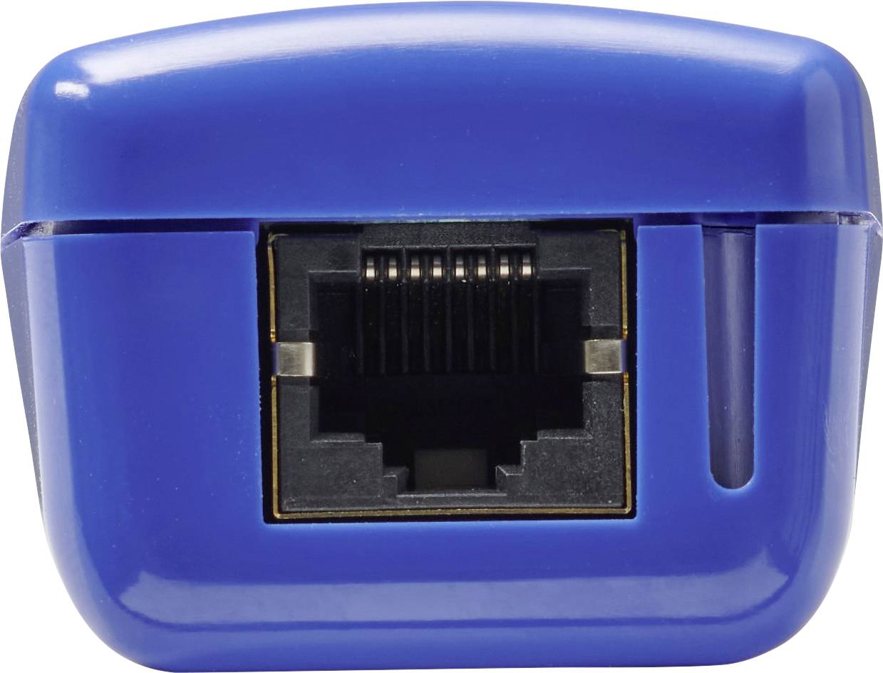 Ein blaues Netzwerkgerät mit einem Ethernet-Anschluss in Nahaufnahme.