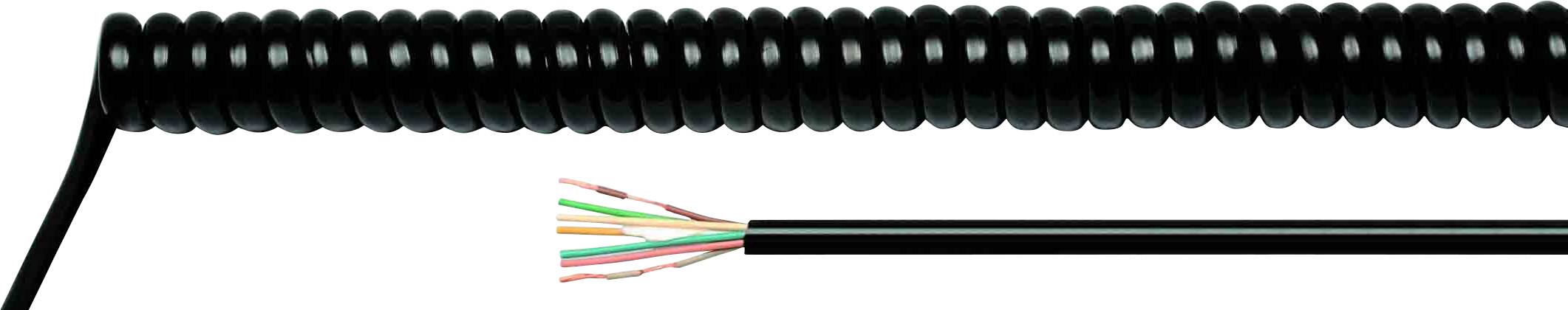 Ein schwarzes, spiralförmiges Kabel mit freiliegenden farbigen Drähten am Ende, zeigt verschiedene Drahtfarben.