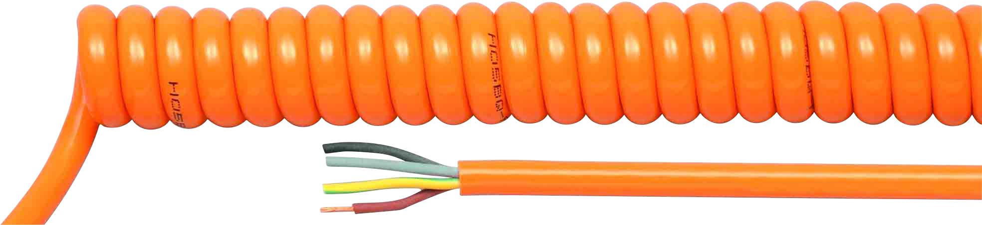 Orange Spiralwicklungskabel mit freiliegendem Ende, das fünf unterschiedlich farbige Drähte zeigt.