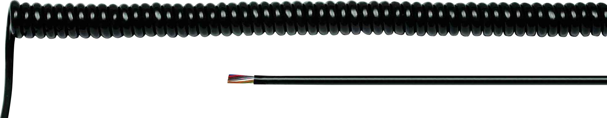 Ein spiralförmiges schwarzes Kabel und ein gestrecktes, dünnes Kabel liegen nebeneinander auf einem weißen Hintergrund.