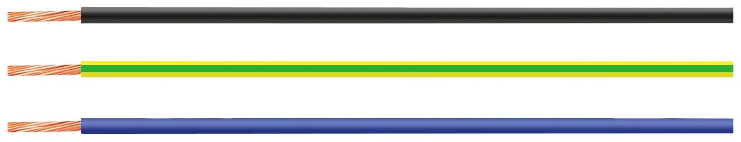 Drei elektrische Kabel: oben schwarz, Mitte grün-gelb gestreift, unten blau. Jede Leitung hat Kupferdrähte am Ende.