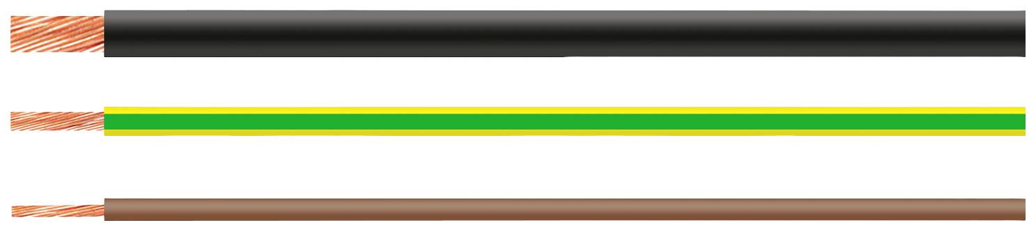 Drei elektrische Kabel: schwarz, gelb-grün gestreift und braun. Die Farben kennzeichnen unterschiedliche elektrische Leitungen.