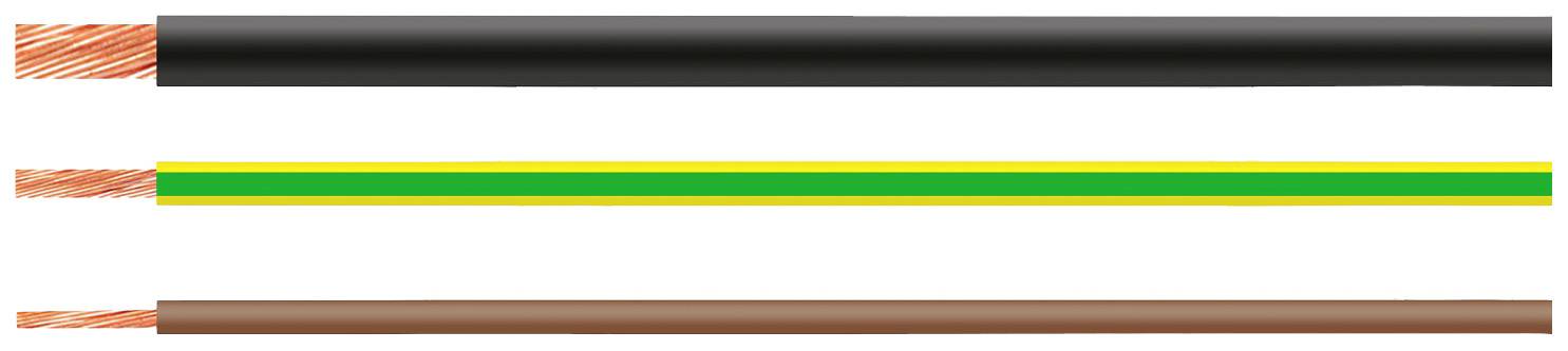 Drei elektrische Drähte: schwarz (Phase), grün-gelb gestreift (Erdung), braun (neutral). Geeignet für Installationszwecke.