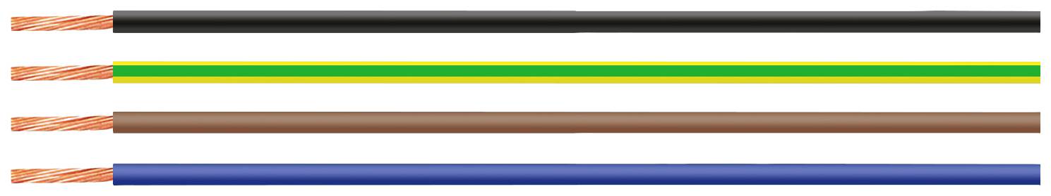Vier verschiedenfarbige elektrische Kabel: schwarz, gelb-grün, braun und blau, jeweils mit freigelegten Kupferdrähten am Ende.