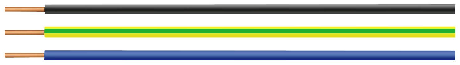 Drei isolierte Kabel: schwarz, grün-gelb, und blau. Sie symbolisieren unterschiedliche elektrische Funktionen.