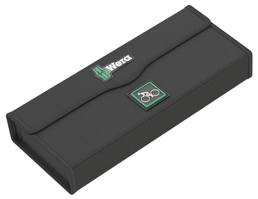 Schwarzes rechteckiges Wera-Werkzeugset mit grünem Logo und einem Fahrrad-Symbol auf dem Cover, was darauf hindeutet, dass es für die Fahrradwartung bestimmt ist.