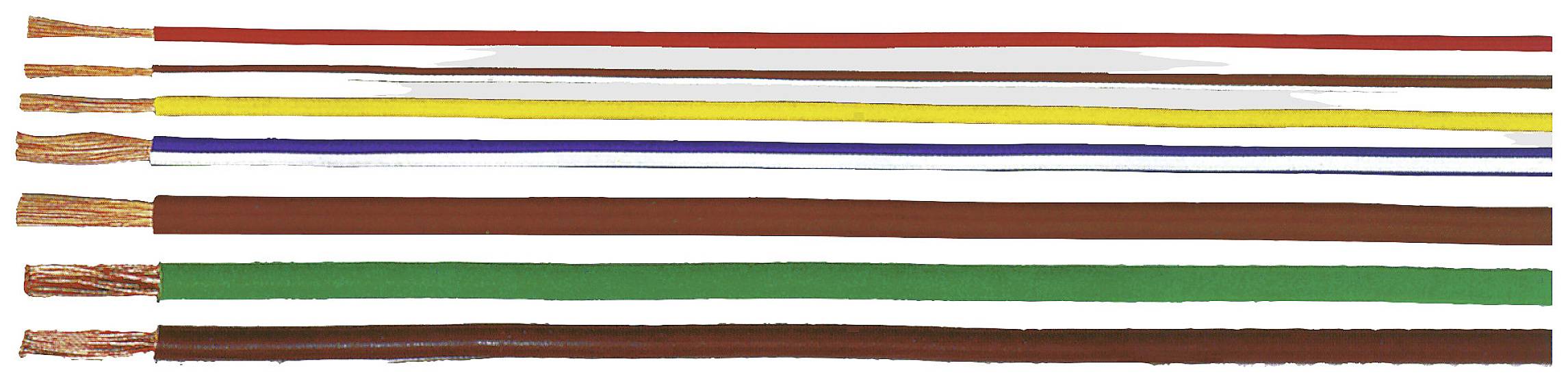 Acht farbige Kabel nebeneinander: weiß, schwarz, gelb, rot, blau, braun, grün, braun. Jedes Kabel zeigt Kupferdrähte und Isolierung.