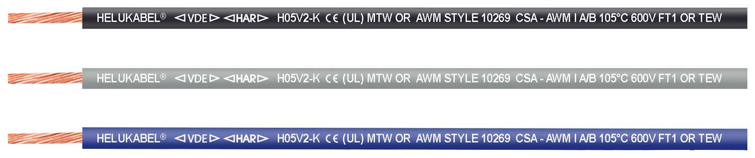 Drei Kabel mit Beschriftung: HELUKABEL H05V2-K (UL) MTW oder AWM STYLE 10269 CSA - AWM I A/B 105°C 600V FT1 oder TEW in Schwarz, Grau und Blau.